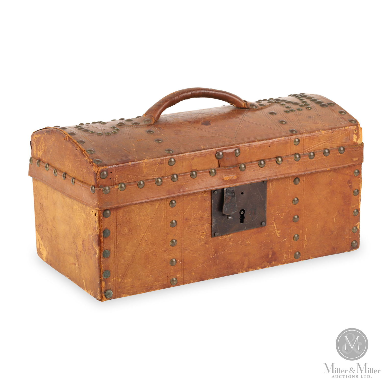 Leather-Covered Small Wooden Document Box: North American. Pine, leather, iron, brass. Small leather document box in tan-coloured tooled leather decorated with initials in brass tacks and an original lock and hasp. It retains its original leat