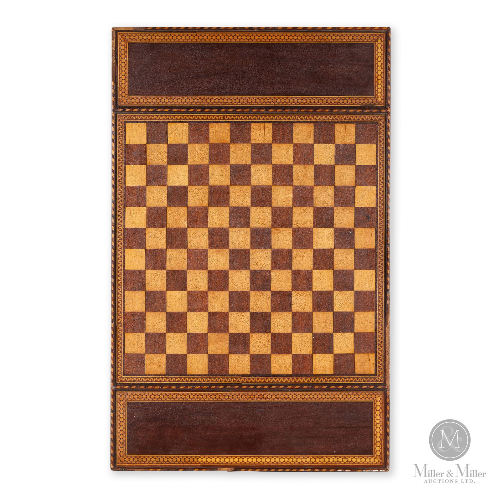 Canadian Marquetry Gameboard: Canadian. Mixed hardwoods. A marquetry gameboard with very detailed contrasting inlays and an applied border to the edges with a diagonal inlay pattern. The back is plain but with fine-figured wood ve