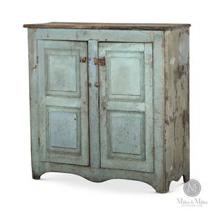 Simcoe County Two-door Small Cupboard: Penetanguishene, Simcoe County, Ontario. Pine. Early two-door small forged-nail cupboard from Simcoe County with a three-board back. Each door has two raised fielded panels set within a moulded frame,