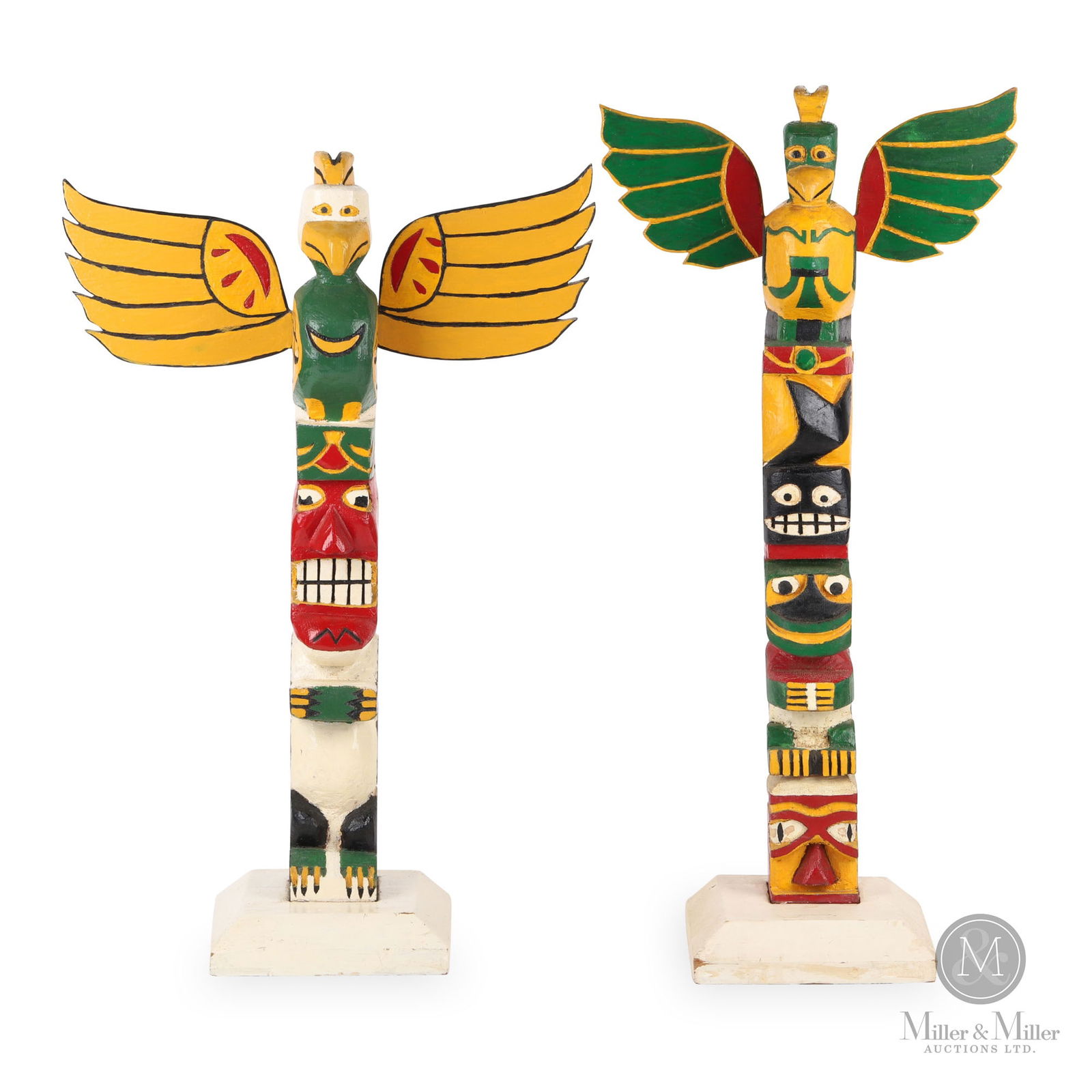 Pair of Green & Yellow Winged Totem Carvings (1 of 6)