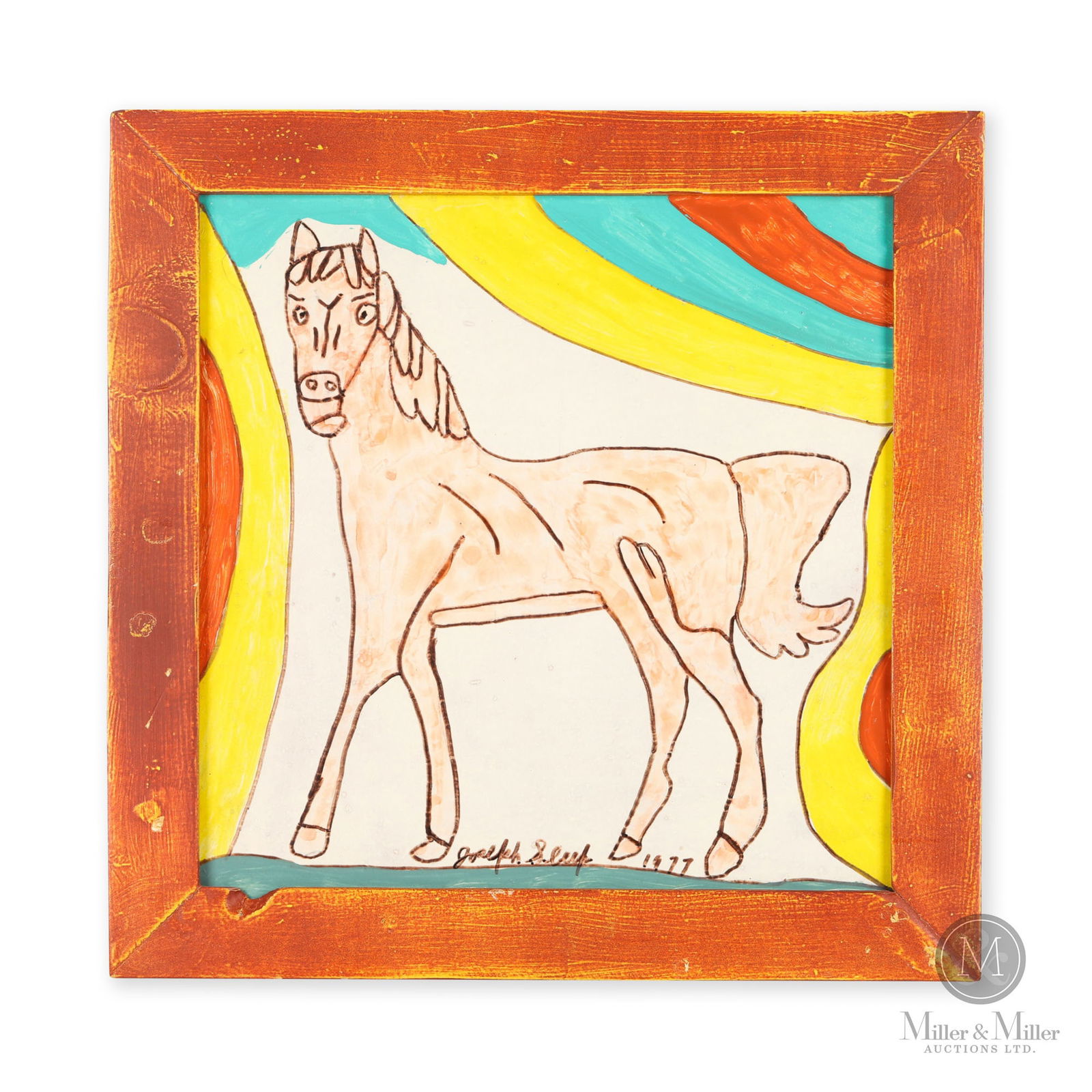 "Horse" by Joe Sleep: Halifax, Nova Scotia. 1977. Latex on board. Joe Sleep had a love of horses when he was working at the Bill Lynch Shows, where he held a job for thirty-two years. This horse is shown in profile, but wi