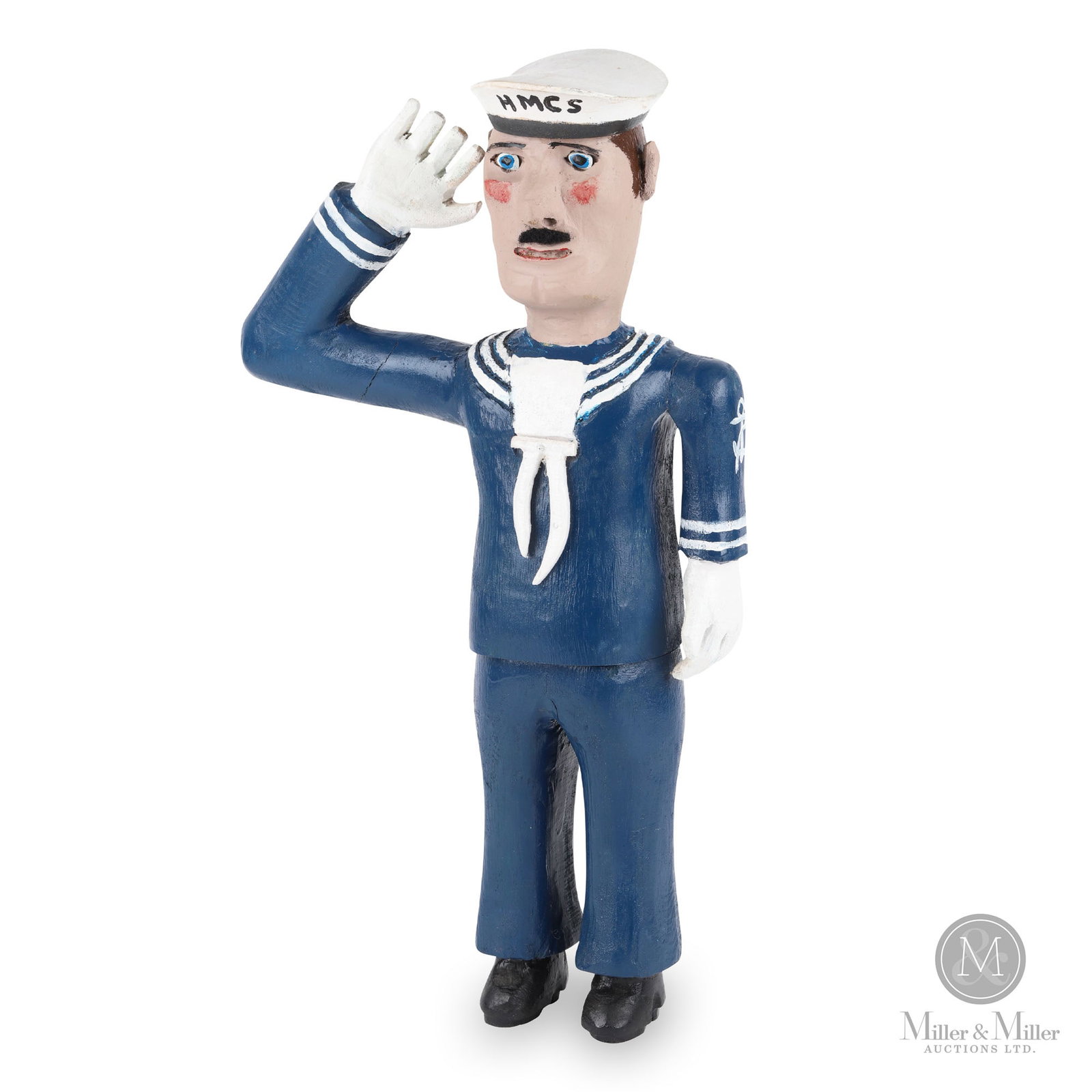Navy Sailor Carving by Basil Lavie: Souris, Prince Edward Island. C. 2005. Softwood, paint. Basil Lavie of Souris P.E.I. carved and painted this proud sailor in a traditional white and navy uniform. The Canadian seafaring man stands at 