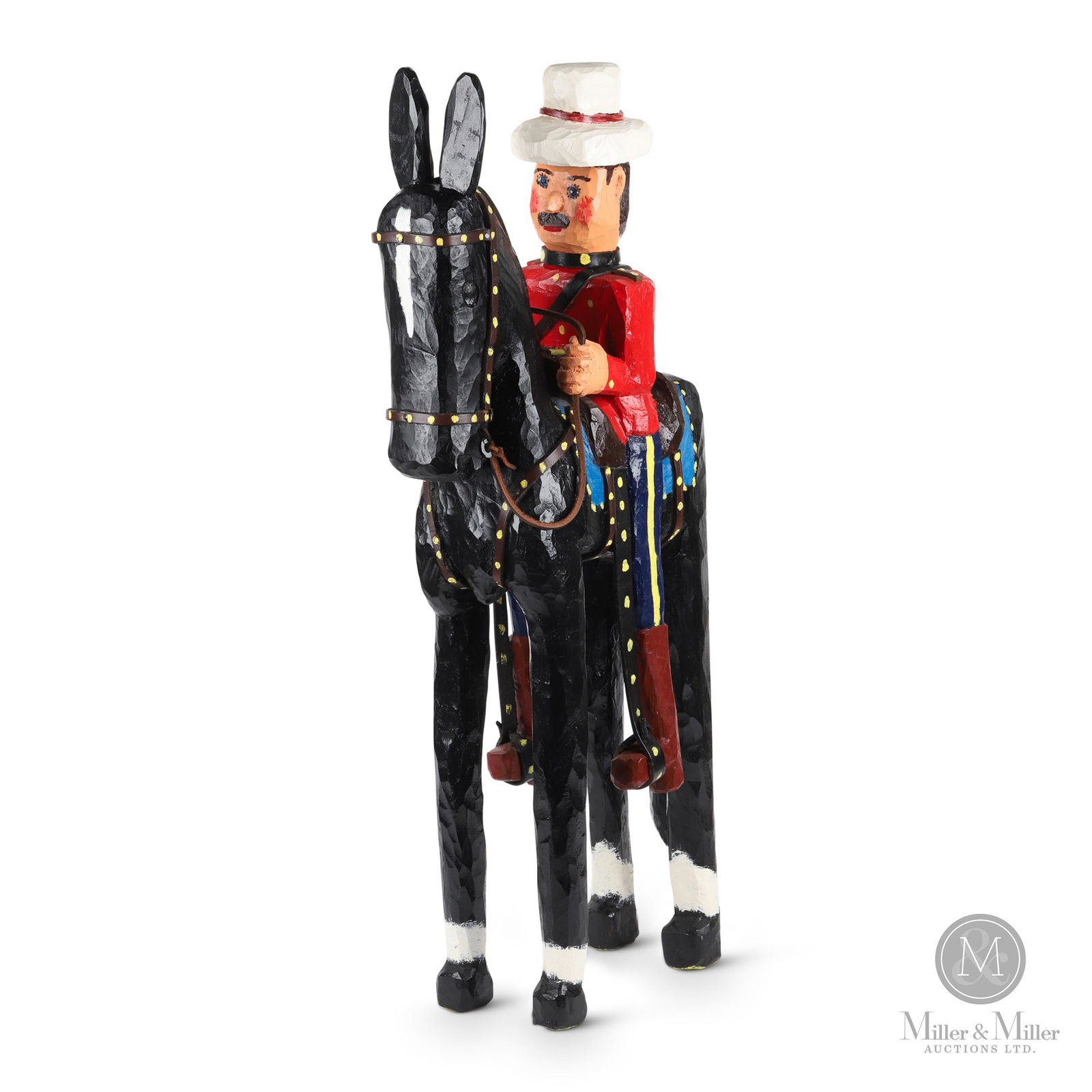Mountie on Horseback by Bradford Naugler: Lunenburg County, Nova Scotia. 2006. Softwood. Bradford Naugler depicts a humorous and distinctive tall horse for a tall Mountie. The chip-carved steed is painted glossy jet-black with spotted yellow 
