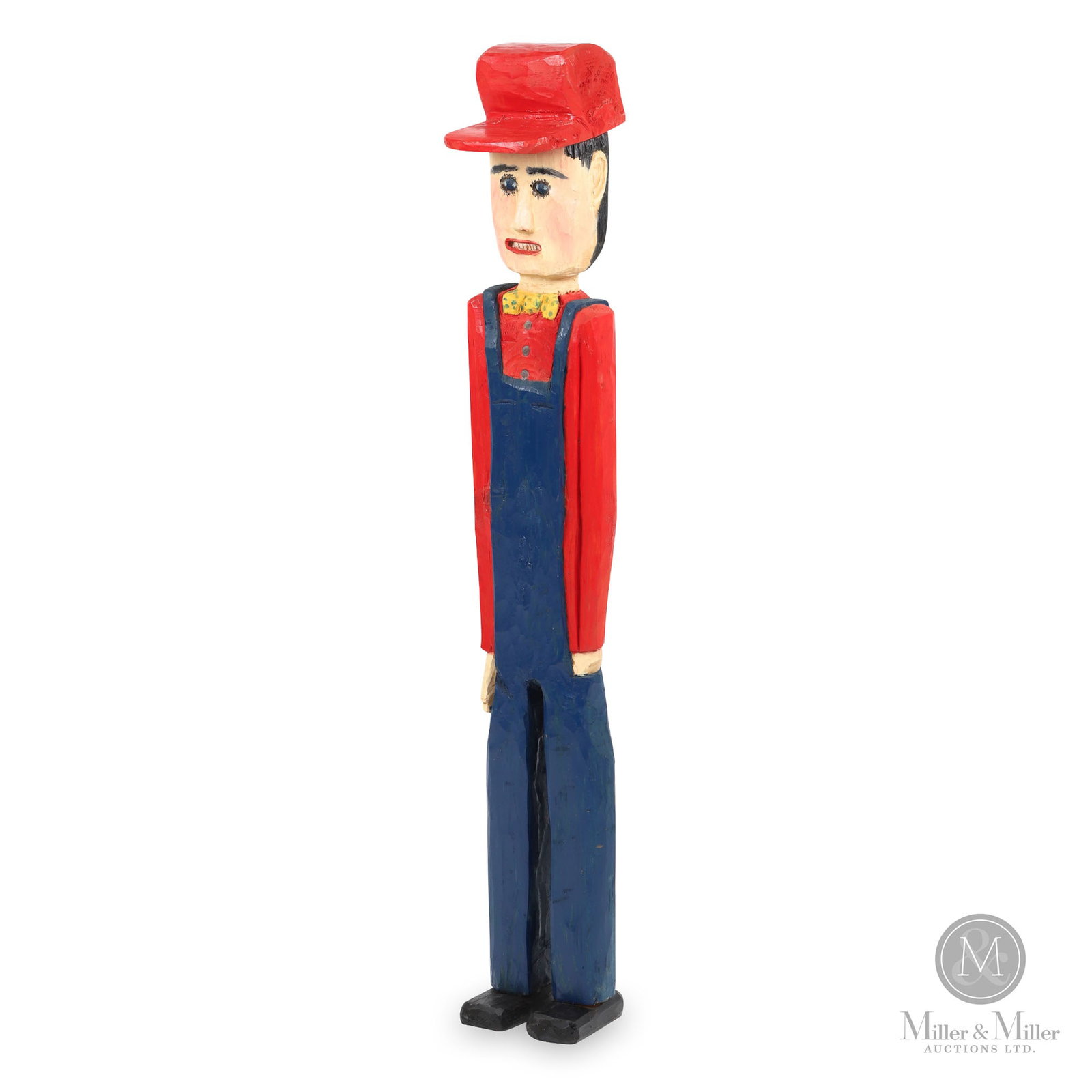 Carving of a Man in Overalls by Bradford Naugler: Lunenburg County, Nova Scotia. 1999. Softwood. Well-known and documented Nova Scotia folk artist Bradford Naugler created a chip-carved man dressed up in his best navy coveralls, red shirt and cap and