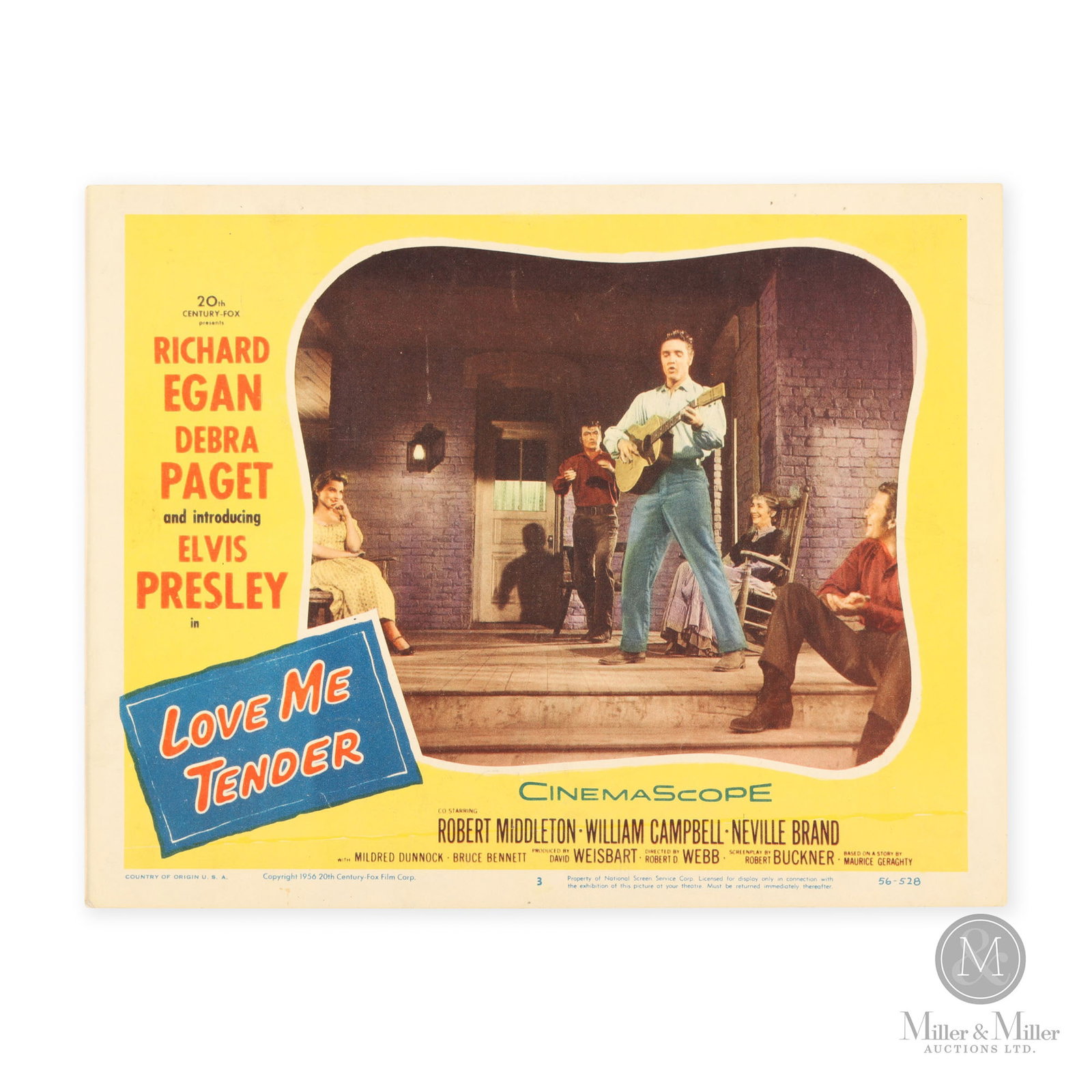 Elvis Presley "Love Me Tender" Lobby Card: American. 1956. Single-sided lithographed cardboard. Marked, "Copyright 1956 20th Century Fox Film Corp", bottom edge. Stamped, "Independent Poster Exchange, 1323 Vine St., Phila. PA", rear. 11" x 14"
