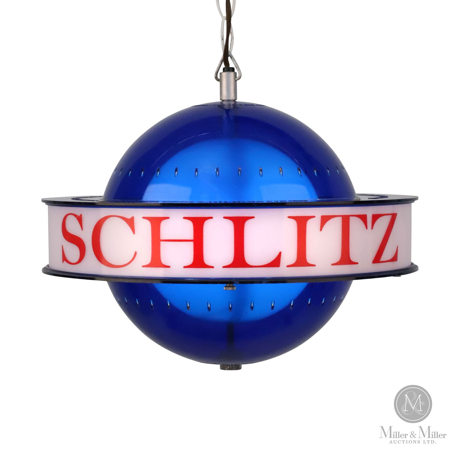 Schlitz Beer Lighted Suspended Globe Sign: American. 1961. Moulded plastic. Marked, "Designed & Manufactured by Hammer Bros Inc., Chicago, Ill.", on top of globe. 12" x 13.5" x 13.5".