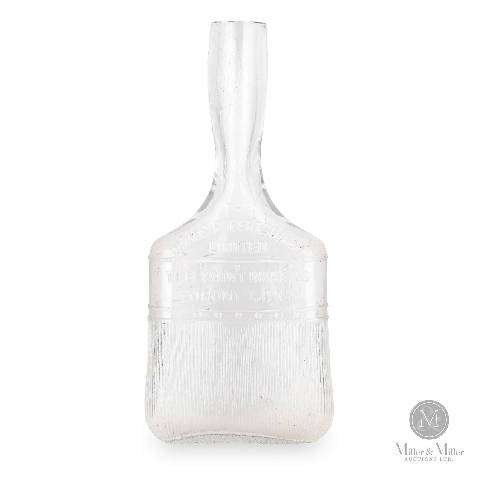 James Robertson Co. Figural Paint Brush Flask: Toronto, Ontario. Circa 1895. Blown glass. An unusual blown glass flask in the form of a paint brush. Embossed, "The James Robertson Co Limited / The Paintmakers / Toronto, Ont.". 8" x 3.5" x 1".