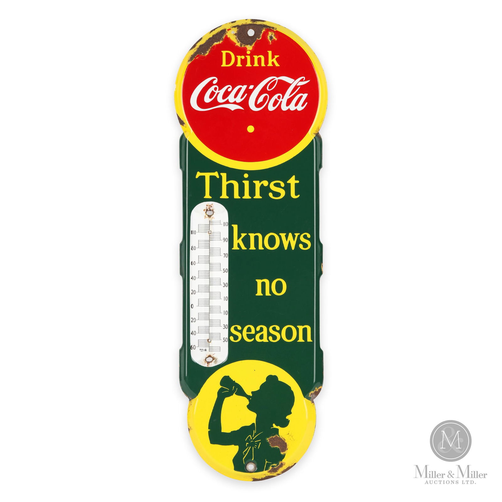 Coca-Cola "Silhouette Girl" Thermometer: Canadian. 1940s. Single-sided porcelain (SSP). Marked faintly "ST-?", bottom center edge. 18" x 6". Originally from "The Five Points" Store, Kitchener, Ontario.