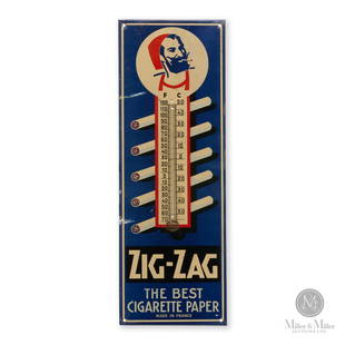 Zig-Zag Cigarette Papers Thermometer: French. 1950s. Single-Sided Painted Tin Thermometer Sign. Rolling your own had a different connotation back in the day. Cartoon images of a bearded hooded smoker ans fice stacked cigarettes are