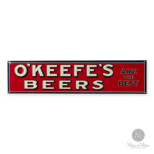 O'Keefe's Beers Sign: Canadian. 1930s. Lithographed tin. St. Thomas Metal Signs Ltd. St. Thomas Ont. 5.75" x 24". The Howie Meyer Legacy Collection.