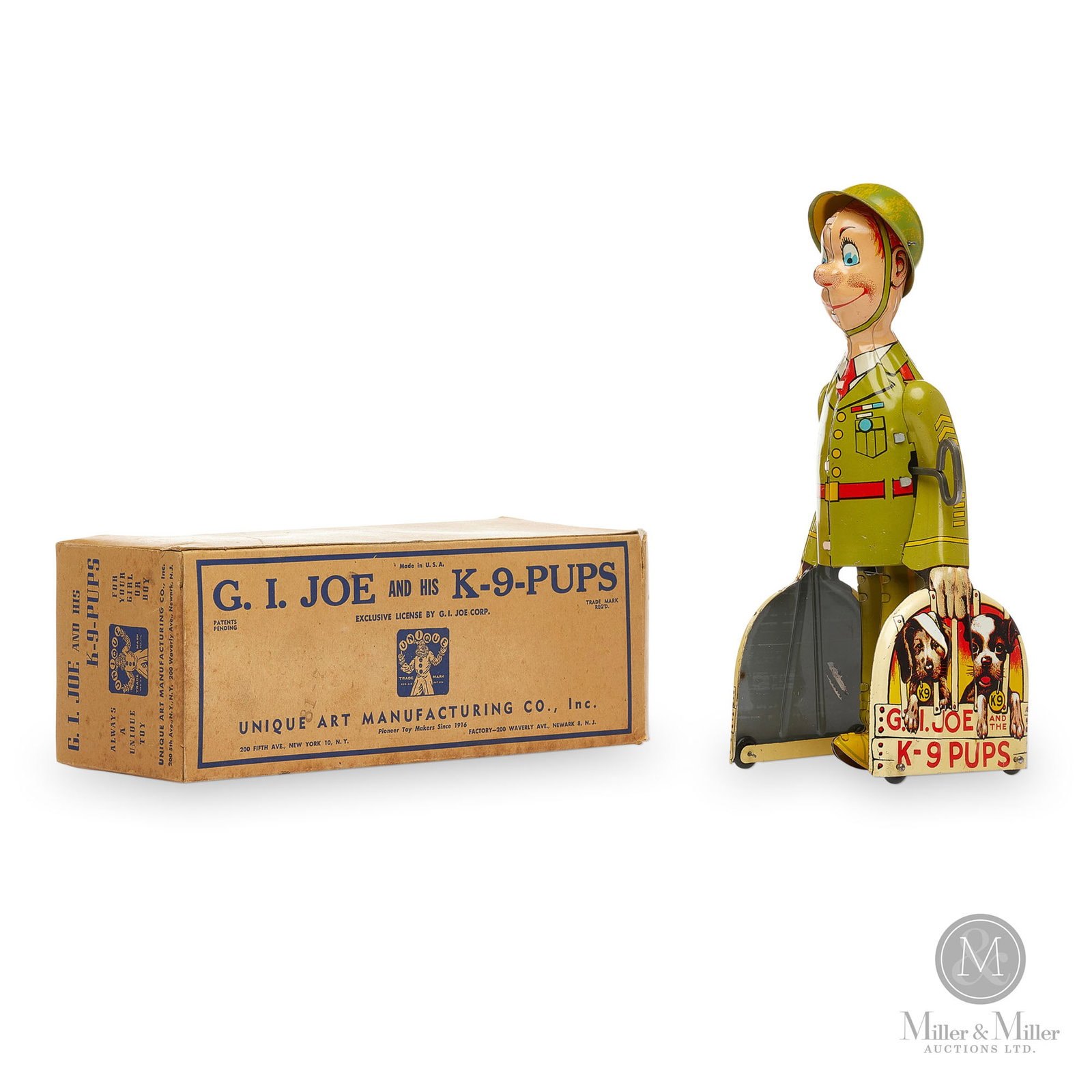 Unique Art Mfg. Co. G.I. Joe & His K-9 Pups: American. 1940s. Lithographed tin. The G.I. Joe trademark was very protected as can be seen by the very clear and bold labelling identifying the G.I. Joe name. Army sergeant with his rolling cage of p