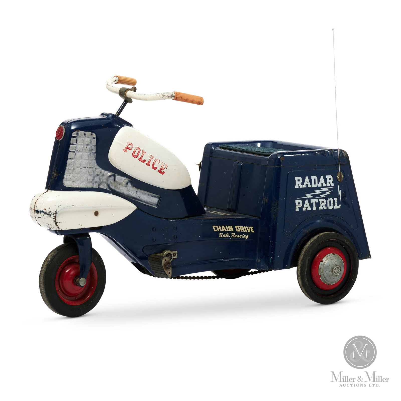 Murray Steelcraft Police Radar Patrol Pedal Motorcycle: American. 1950s. Metal. A rare pedal motorcycle made by Murray Steelcraft. The only indicator of the manufacturer is a small "M" stamped on the body or hubcaps. Marked "M" in the footwell and on hubca