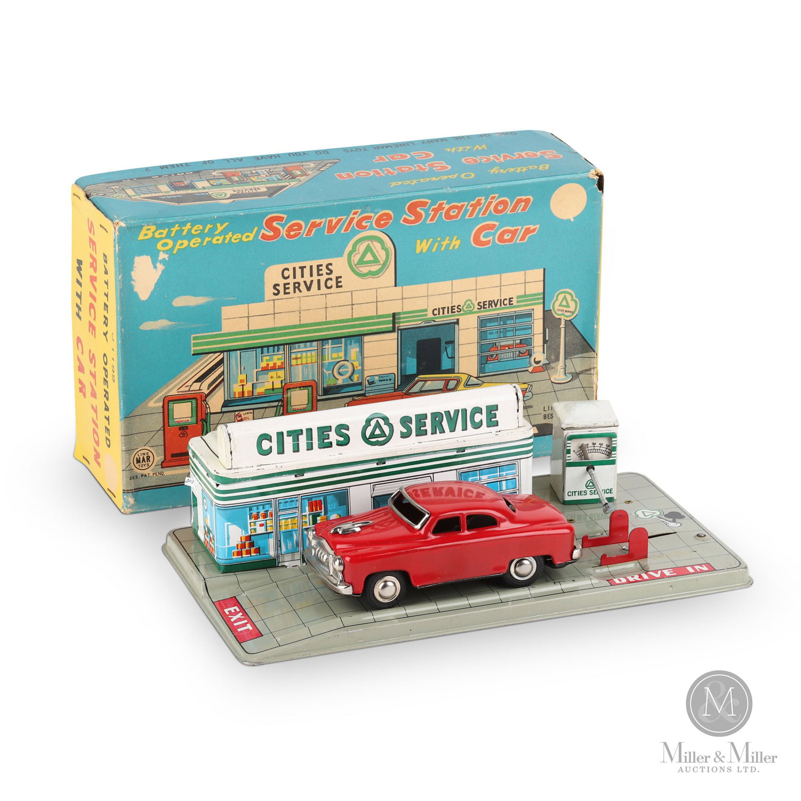 Linemar No. J1199 Cities Service Station: Japanese. 1950s. Lithographed tin. Marked, on box. Stamped, "Japan", on underside of car. 3" x 10.5" x 6". The Howie Meyer Legacy Collection.