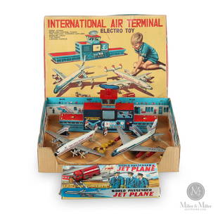 Yonezawa, Japan International Air Terminal Set: Japanese. 1950s. Lithographed tin. Signed on undersides of both planes and both outermost edges of air terminals. Box: 4 x 18 x 14". TWA plane: 10.5" wingspan. United: 9" wingspan. Air terminal: 7" he