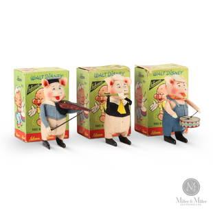 Schuco No. 980 Walt Disney Three Little Pigs Set: German. 1950s. Felt, lithographed tin. Stamped, on sides of feet. 5" height. The Howie Meyer Legacy Collection.