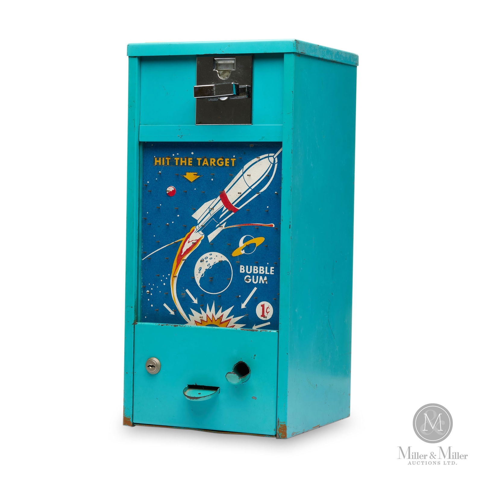 Hit The Target Penny Bubble Gum Vending Machine: American. 1950s. Steel. Made by the B. & O. company (information from the International Arcade Museum in Pasadena, California). Bubble gum drops down to hit the bullseye. No markings. 19.75" x 9.25" x