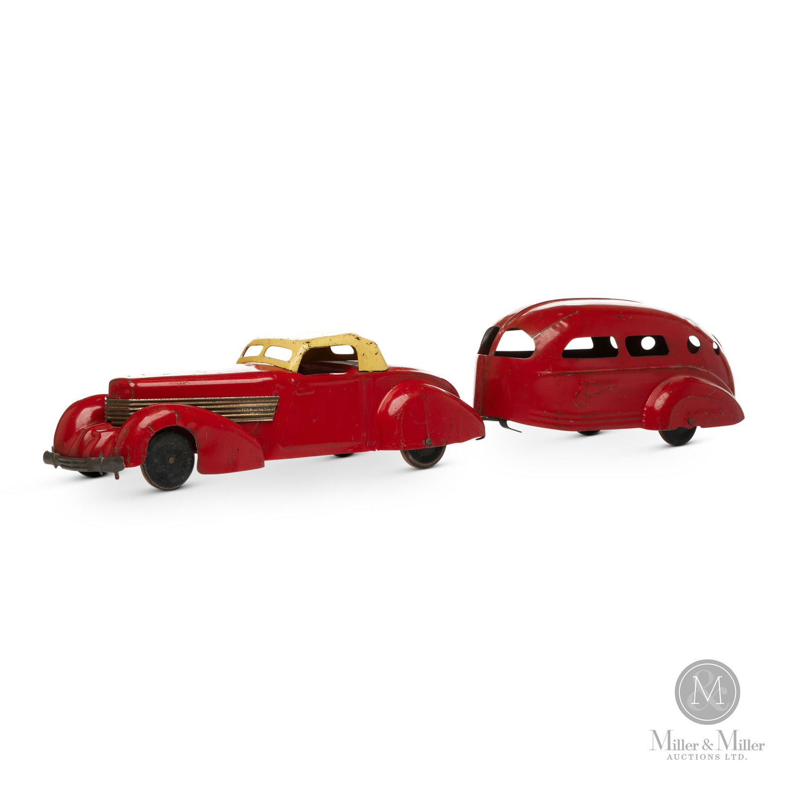 Wyandotte "Coffin Nose" Cord Airstream Trailer: American. 1930s. Pressed steel. Hard to find matching red vehicles. Rear trailer door opens. Patterned after the Auburn automobile in the Auburn "Cord" Division. In 1924 the Auburn Automobile Company 