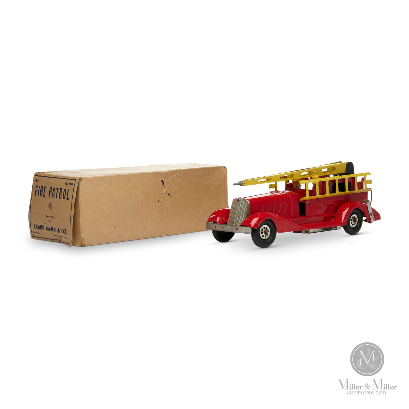 Marx No. 9000 Fire Patrol Truck: American. 1930s. Pressed steel. This version has no windshield and no driver, which is just as it was issued (note: these are not missing). Comes with operating fire hose boom and wooden fire extingui