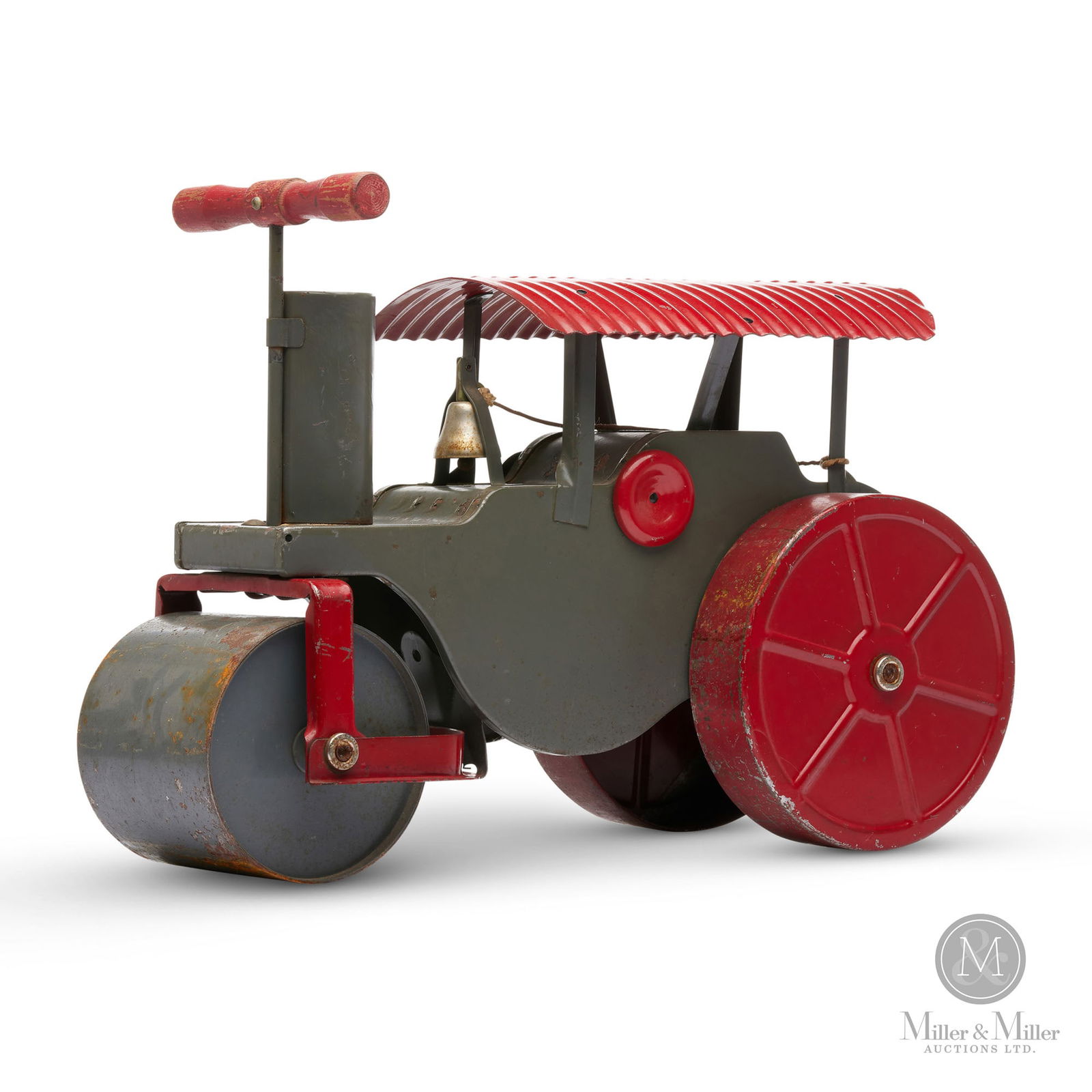 Keystone Ride 'Em Steam Roller: American. 1920s. Pressed steel. Made by the Keystone Mfg. Co., Boston. The company trademarked the phrase "RIDE 'EM" in 1932. Marked on side. 14" x 21" x 9". The Howie Meyer Legacy Collection.