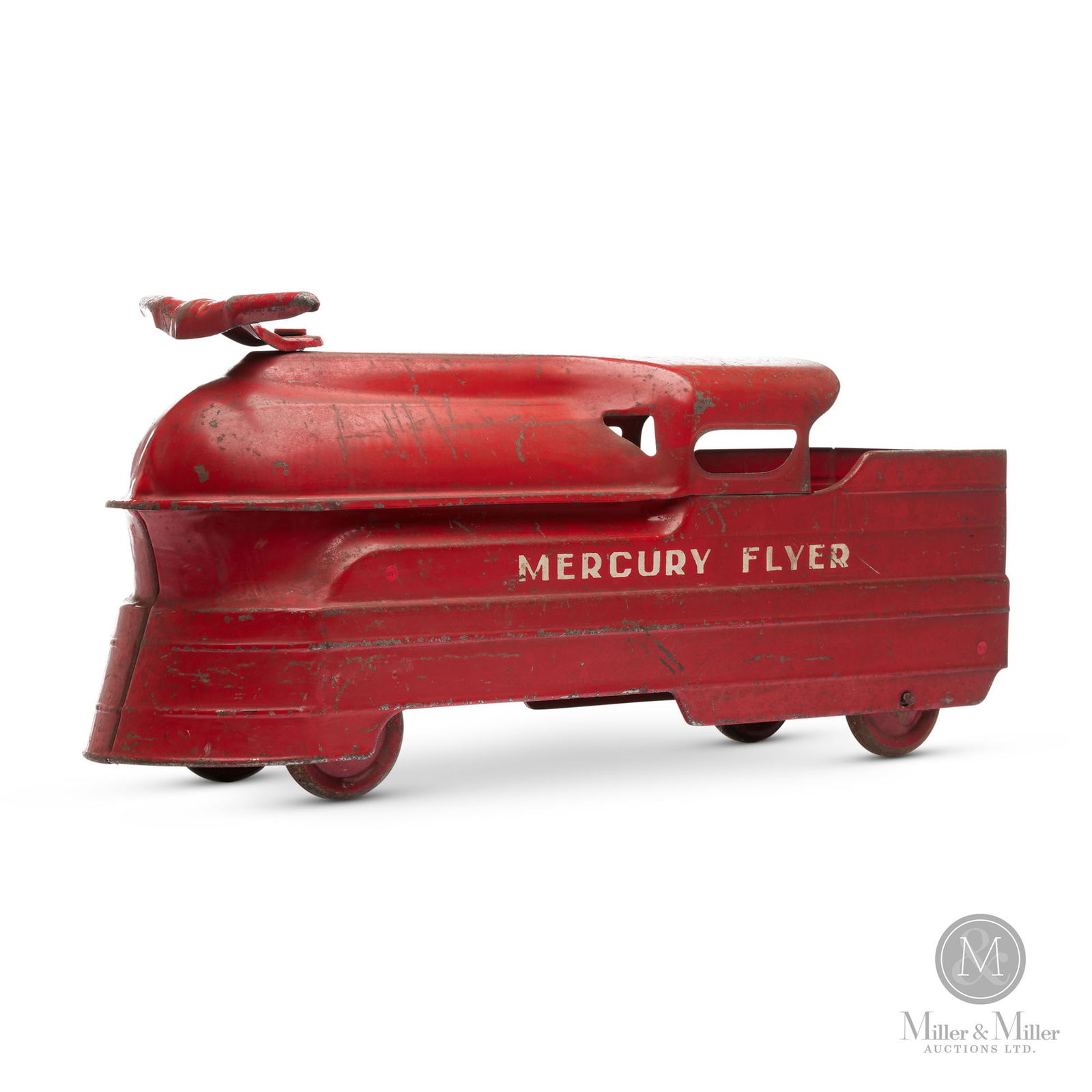 Keystone Ride 'Em Mercury Flyer Locomotive: American. 1930s. Pressed steel Made by the Keystone Mfg. Co., Boston. The company trademarked the phrase "RIDE 'EM" in 1932. Marked on sides. 11" x 24" x 7". The Howie Meyer Legacy Collection.