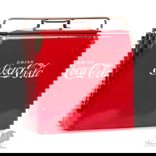 Coca Cola Picnic Cooler: Canadian. 1950s. Aluminum. Manufactured by St. Thomas Metal Signs Limited, St. Thomas, Ontario. Single dot marking (single dot between the words Coca and Cola). Includes metal insert tray, bottle cap