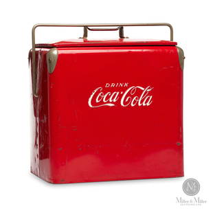 Coca Cola Picnic Cooler: Canadian. 1950s. Aluminum. Manufactured by St. Thomas Metal Signs Limited, St. Thomas, Ontario. Single dot marking (single dot between the words Coca and Cola). Includes metal insert tray, bottle cap