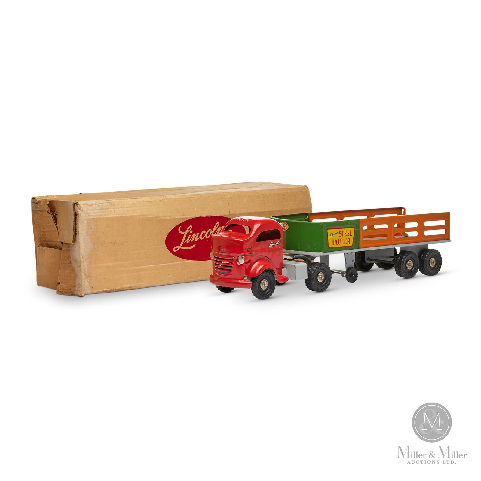 Lincoln Diesel Steel Hauler: Canadian. 1950s. Pressed steel. Lincoln Specialties Limited marketed toys under the "Lincoln Toys" name. This toy was made in Windsor, Ontario. Plastic wheels. Stake back with chain. Marked on tires, 