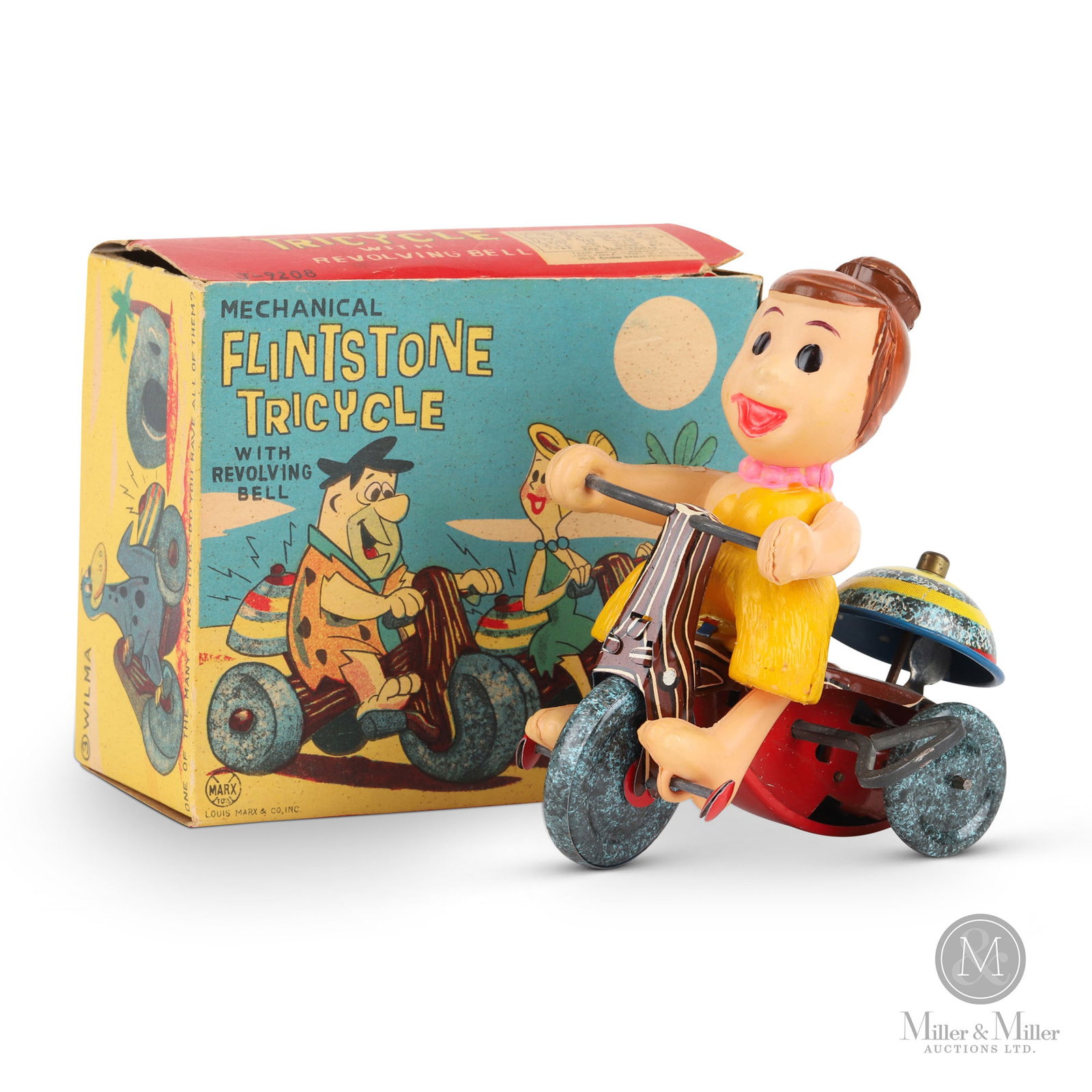 Marx Wilma Flintstone on Tricycle: Japanese. 1960s. Lithographed tin. Marked on back of bicycle and front of box and "Wilma" on side of box. Toy: 4.25" x 4" x 2.5" Box: 4.25" x 4.25" x 2.5". The Howie Meyer Legacy Collection.