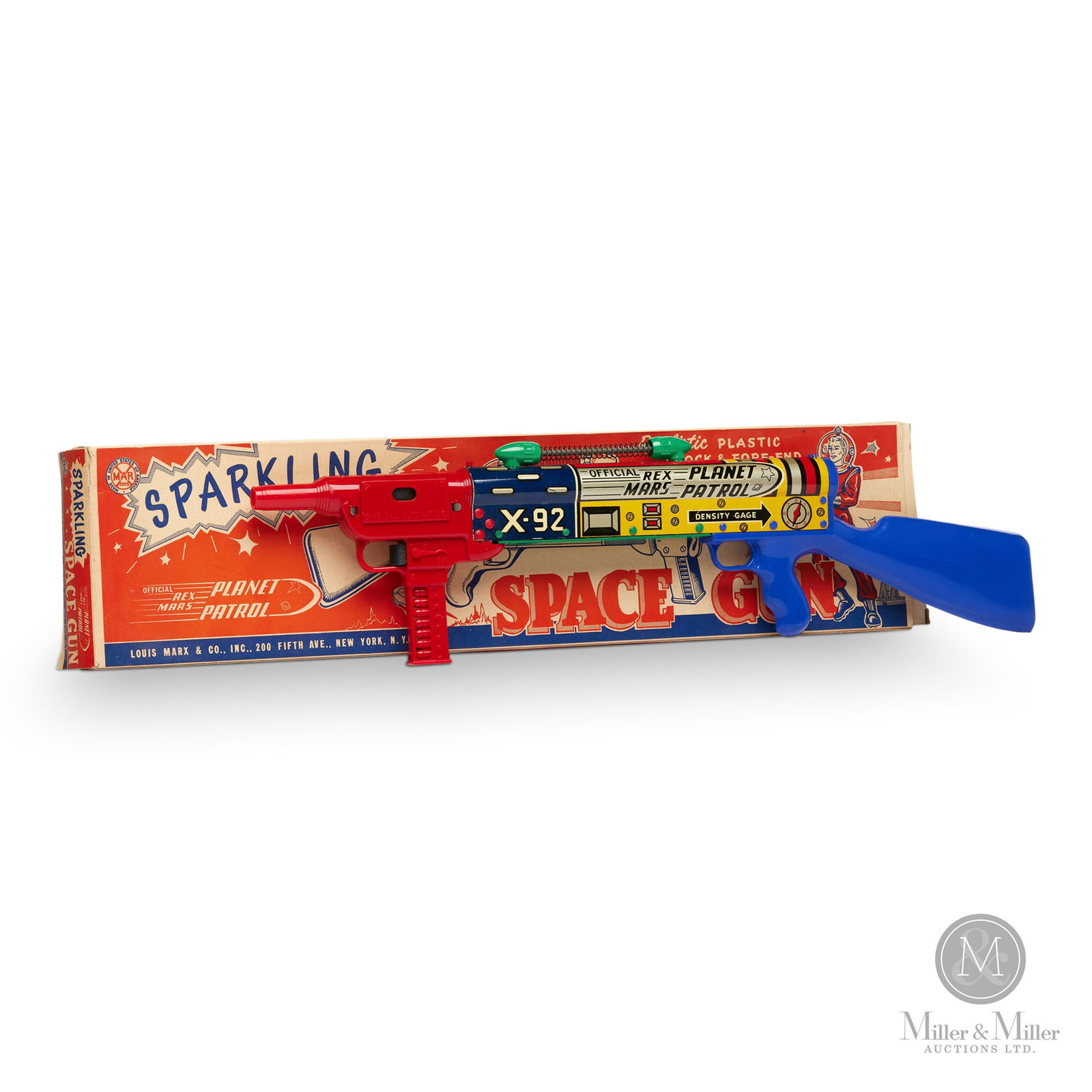 Marx Sparkling Space Gun: American. 1950s. Lithographed tin and hard plastic. Marked on centre side of toy and on box. Box: 2" x 22.25" x 5.5". The Howie Meyer Legacy Collection.