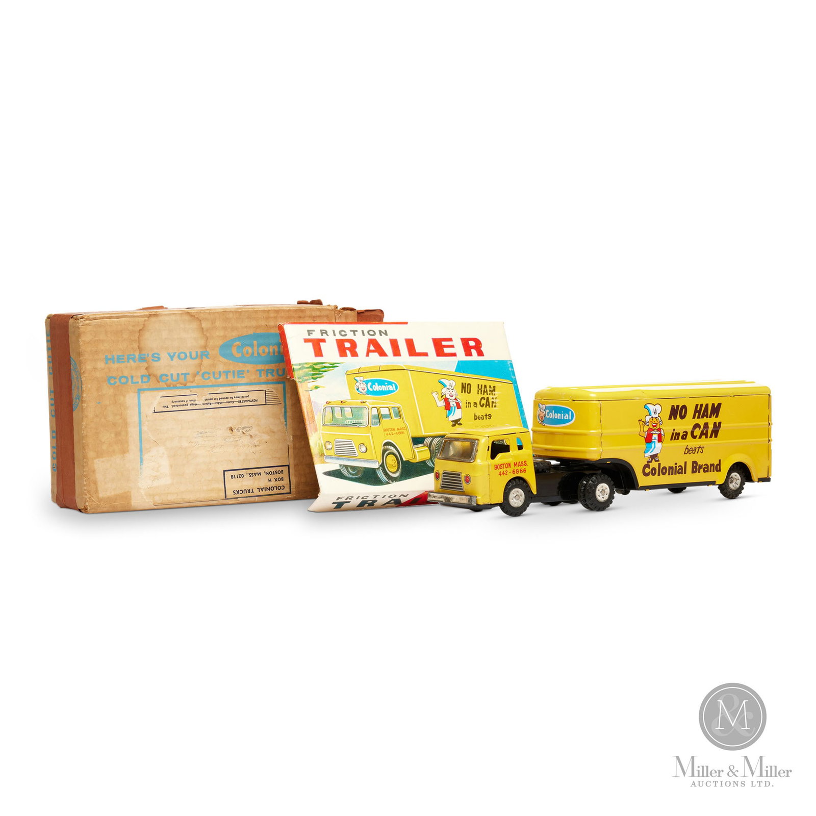 Japanese Colonial Hams Delivery Truck: Japanese. 1950s. Lithographed tin. Stamped Japan on the back of the trailer (on door). 4" x 13" x 3.5". The Howie Meyer Legacy Collection.