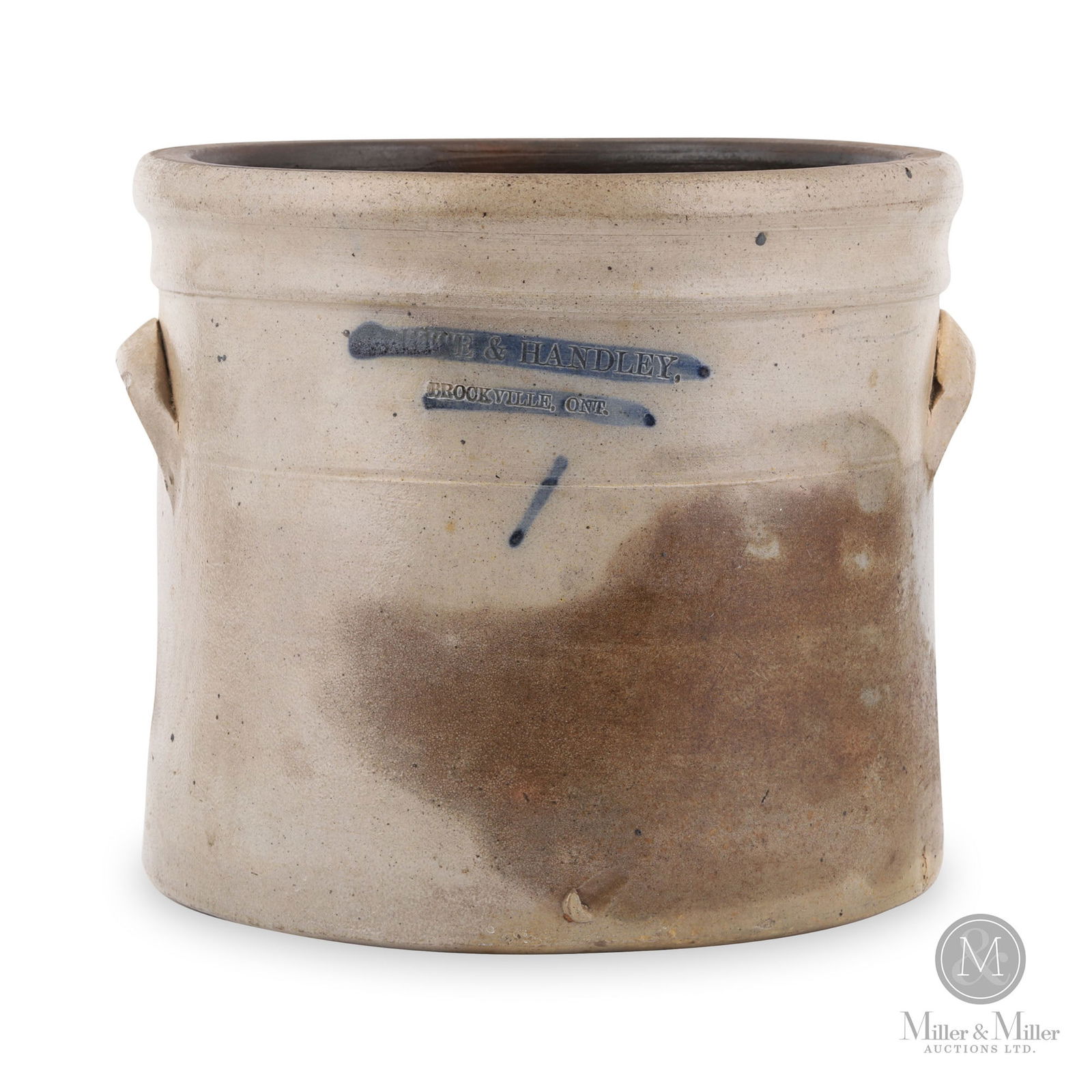 White & Handley Brockville, Ont., 1-Gallon Stoneware Crock: Canadian. Brockville, Ontario. C. 1884. Salt-glazed stoneware. A rare open crock marked "White & Handley, Brockville, Ont.", established in 1884 by John White and Edward Handley, a brief partnership t