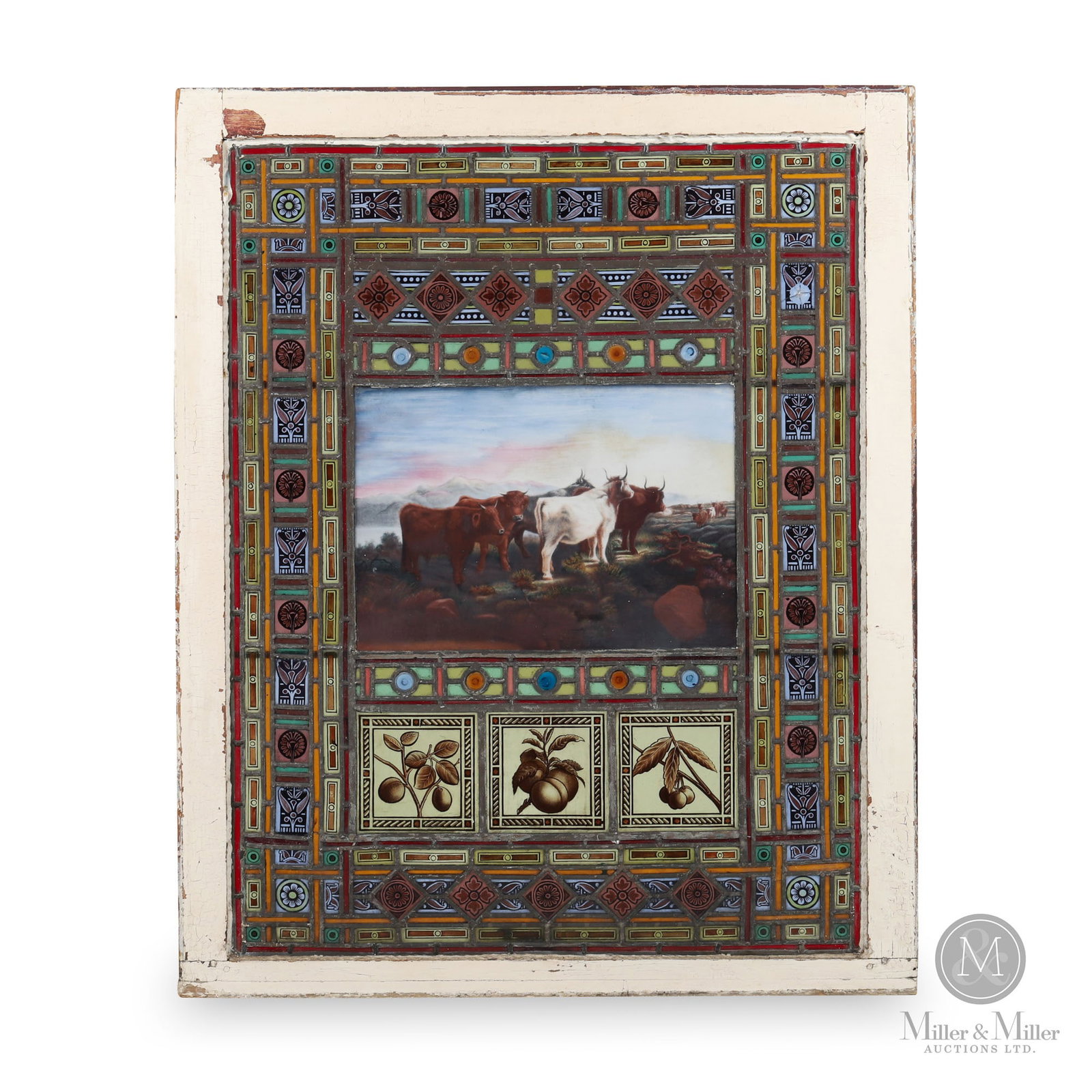 Horwood stained glass window: A stained glass window by Harry Horwood (1838-1917) of Prescott, reportedly from the Wiser Cottage near Brockville, Ontario. Each window has a different painted scene of cattle with mountains in the d