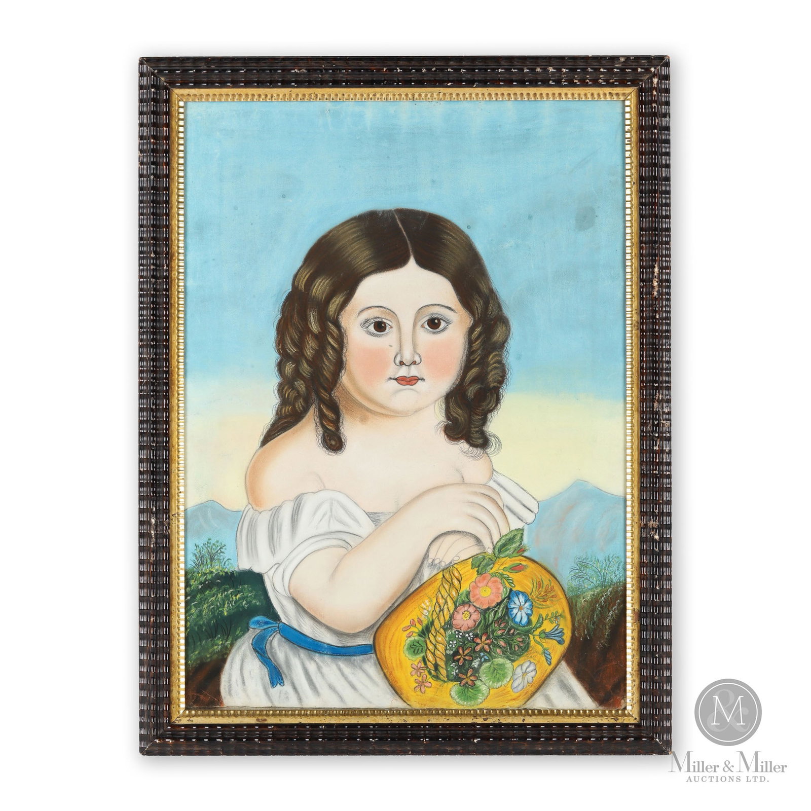 Folk art portrait of young girl: Charming and naïve Victorian pastel on paper of a young girl holding a yellow hat with mountains in the background. Vibrant colours, mounted under glass, original frame. Eastern Canada, late 19th cen