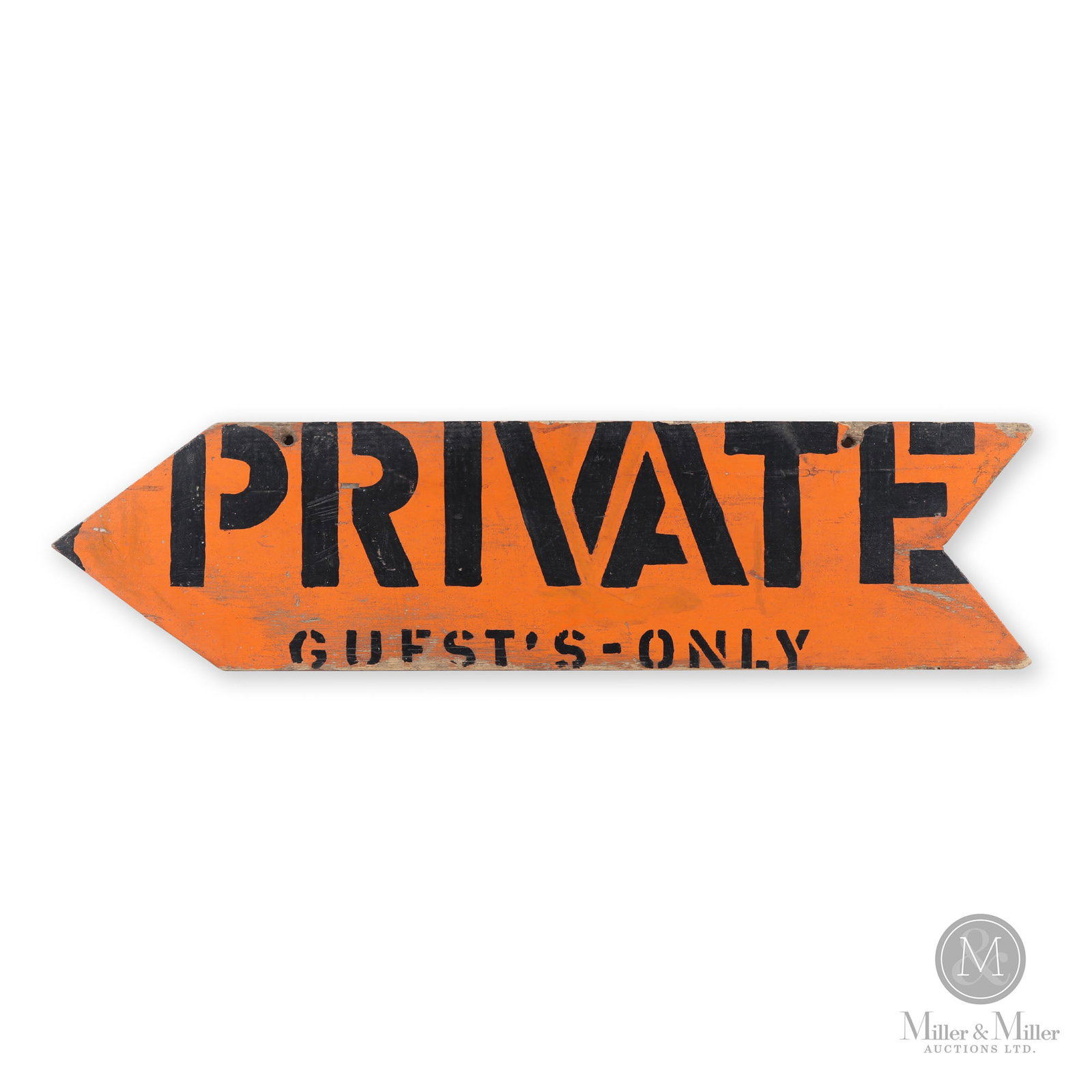 Private guests only wooden sign: An arrow shaped wooden sign marked "PRIVATE, Guests Only" in black paint on an orange ground. Nice wear, Ontario, mid 20th century. 7.5" x 29.75" x .75". From the Kathryn and late David Richardson Col
