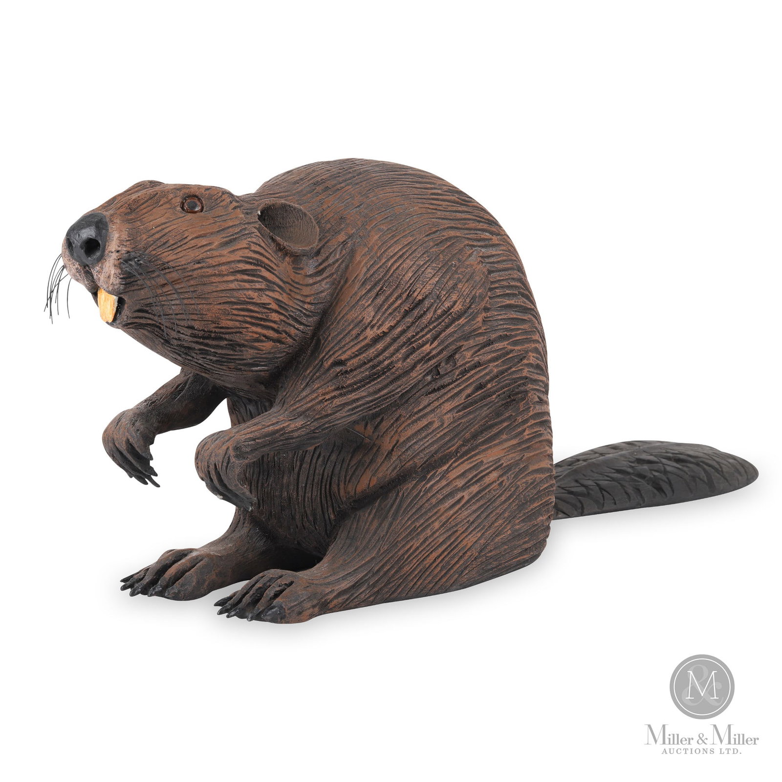 Beaver Carving By Gordon McCartney: Chesley, Ontario. C. 2000. Pine. Highly detailed and impressive carving of a beaver by Gordon McCartney. While there very little documentation about this artist he remains widely collected. Carved "G 