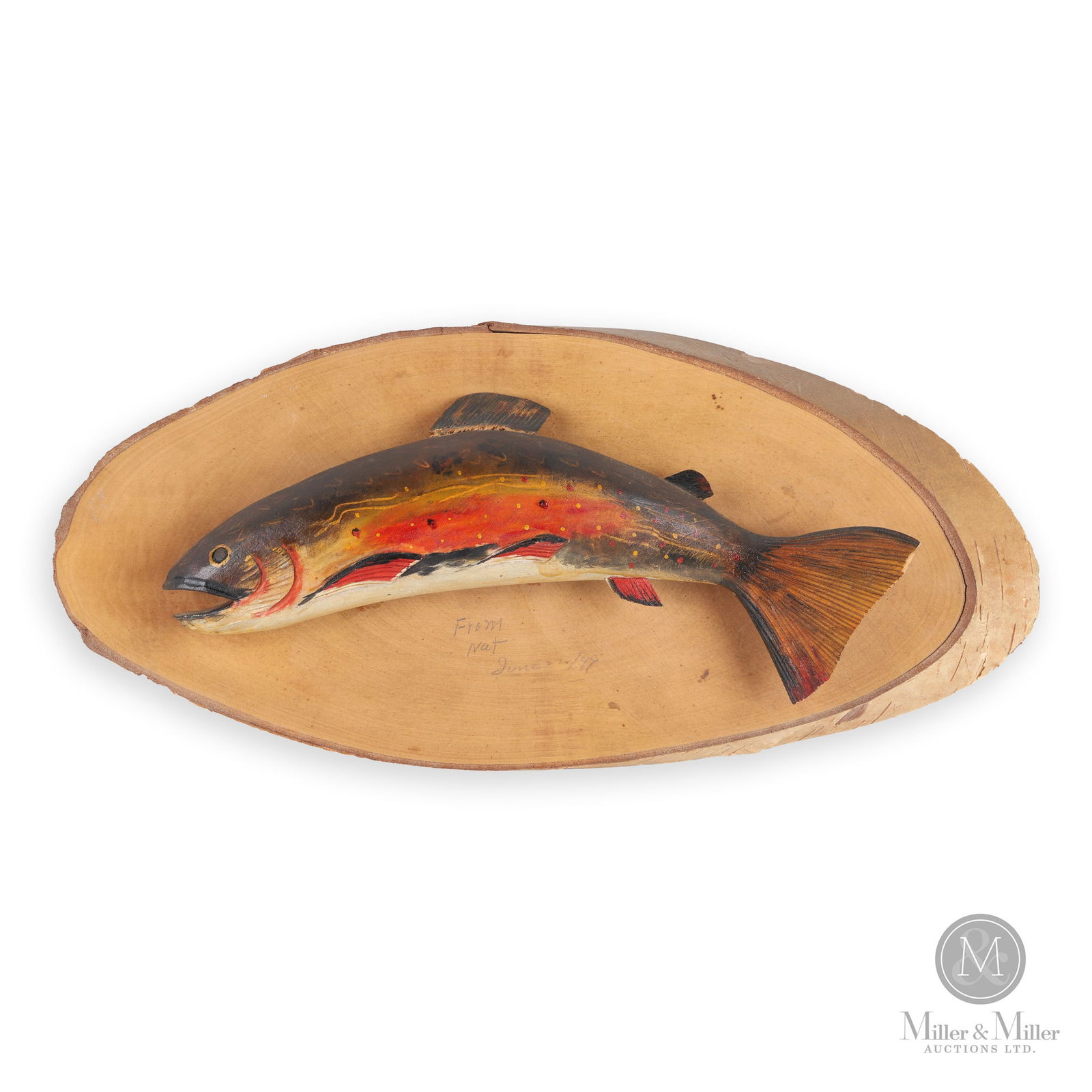 Char Carving: Winthrop, Maine. 1949. Softwood. Birch backboard. Three dimensional leaping char carving attributed to Lawrence Irvine of Winthrop, Maine. Realistic paint in bright colours. Mounted to oval backboard