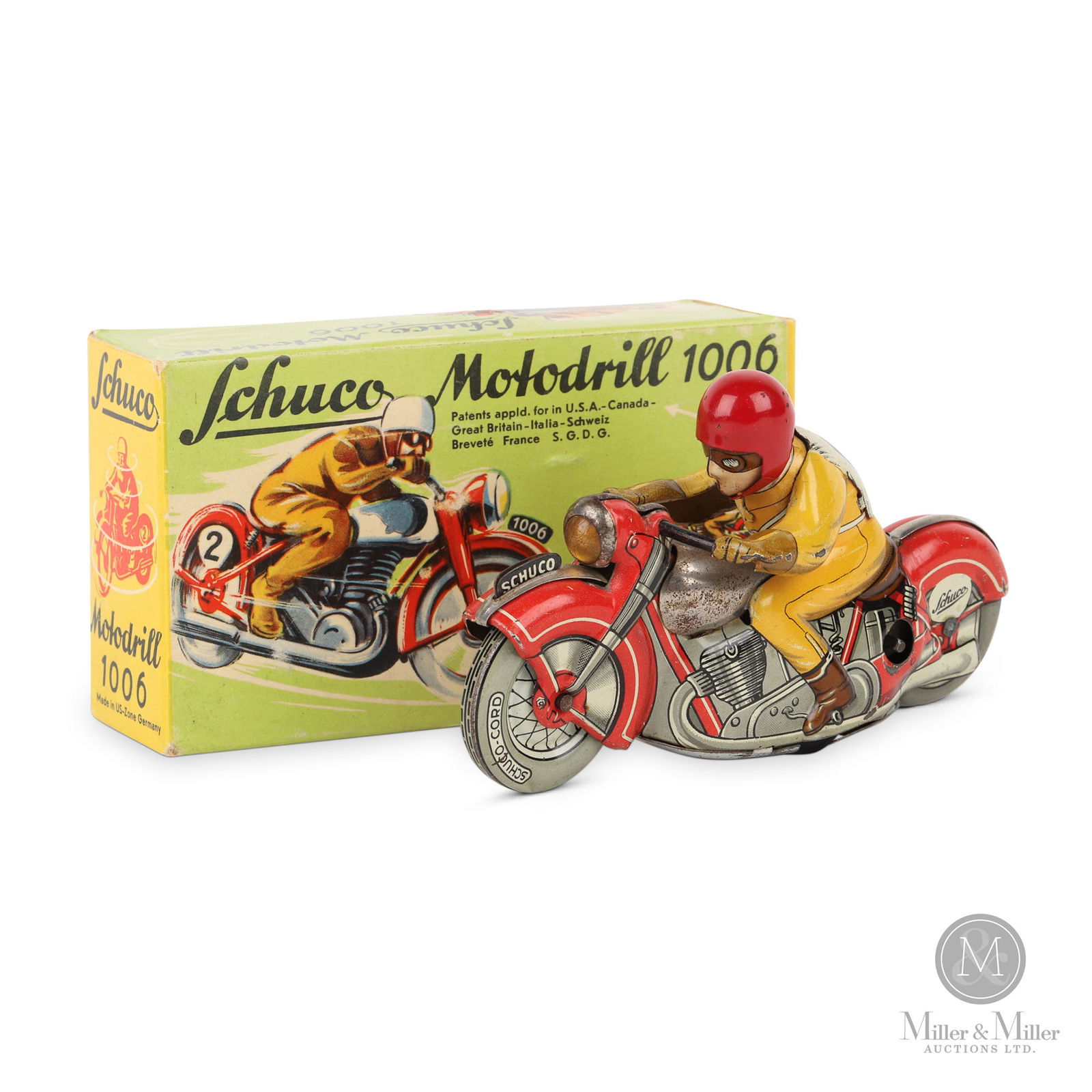 Schuco Motodrill 1006 Motorcycle: German. 1940s. Lithographed tin. The toy is marked "U.S.-Zone Germany". Post-war German manufacturers were banned from exporting goods. Americans occupying the territories permitted the sale and expor