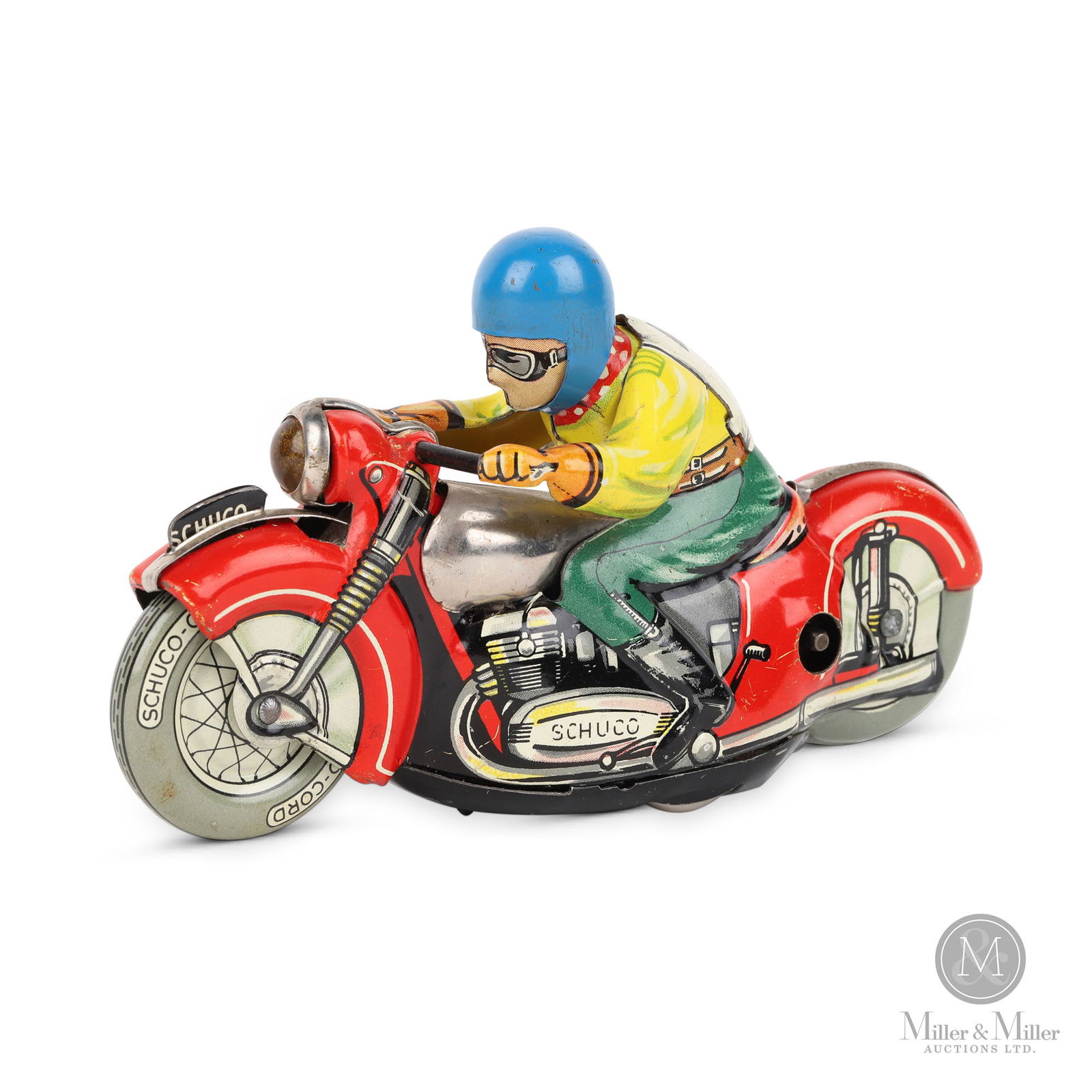 Schuco Mirakomot 1012 Rider on Motorcycle: German. 1940s. Lithographed tin. Toy is marked "U.S.-Zone Germany". Post-war German manufacturers were banned from exporting goods. Americans occupying the territories permitted the sale and export of
