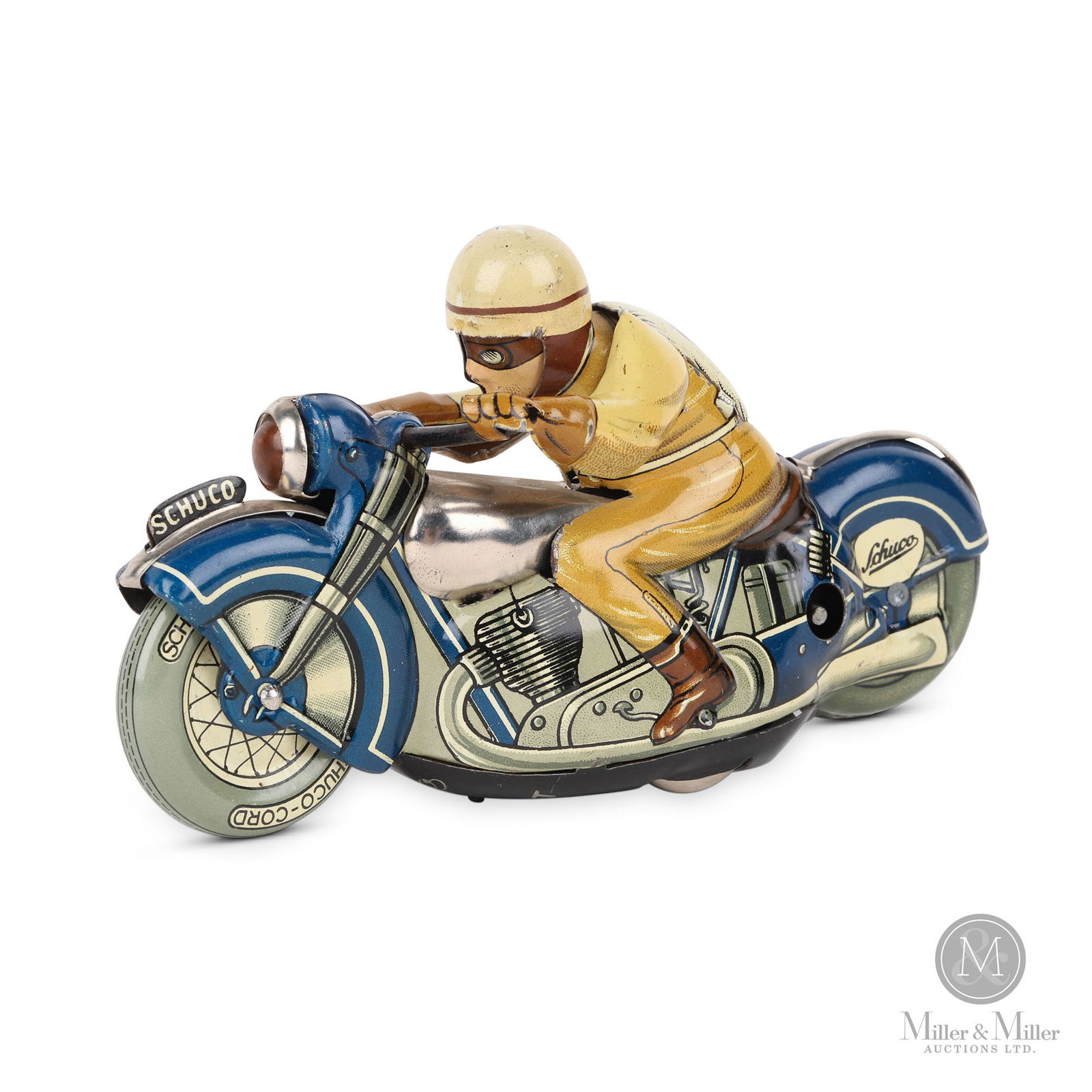 Schuco Mirakomot 1012 Rider on Motorcycle: German. 1940s. Lithographed tin. Toy is marked "U.S.-Zone Germany". Post-war German manufacturers were banned from exporting goods. Americans occupying the territories permitted the sale and export of