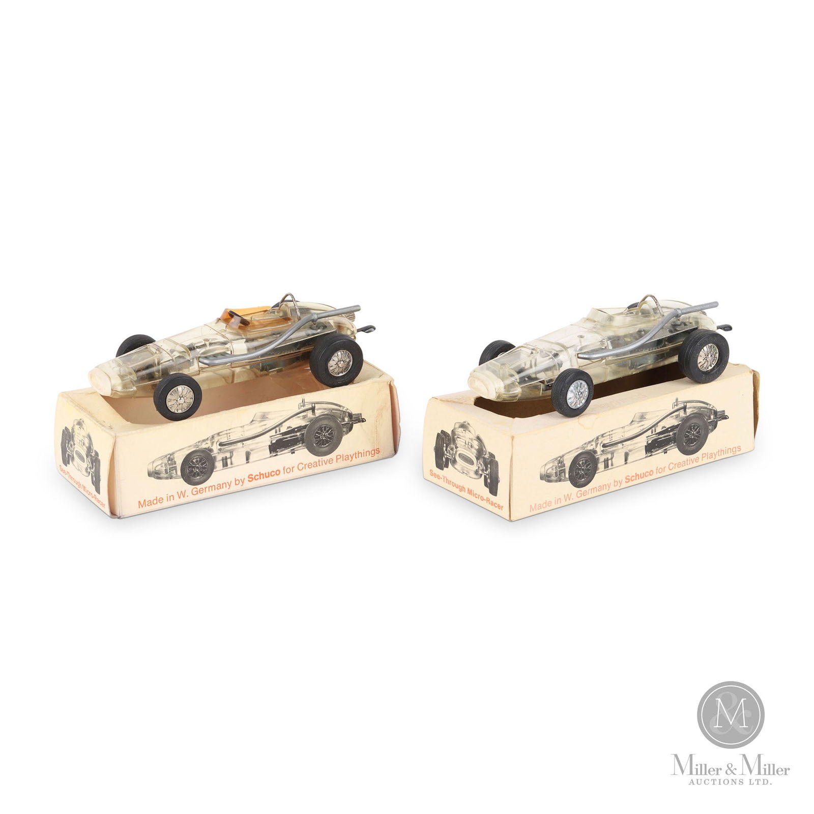Schuco Creative Playthings 1005 Clear Body Micro-Racers: West German. 1950s. Plastic. Creative Playthings sold educational toys. The clear-body micro-racers educated kids on the inner workings of a car. Marked on boxes, grilles, and undersides. 1.5" x 5.5"