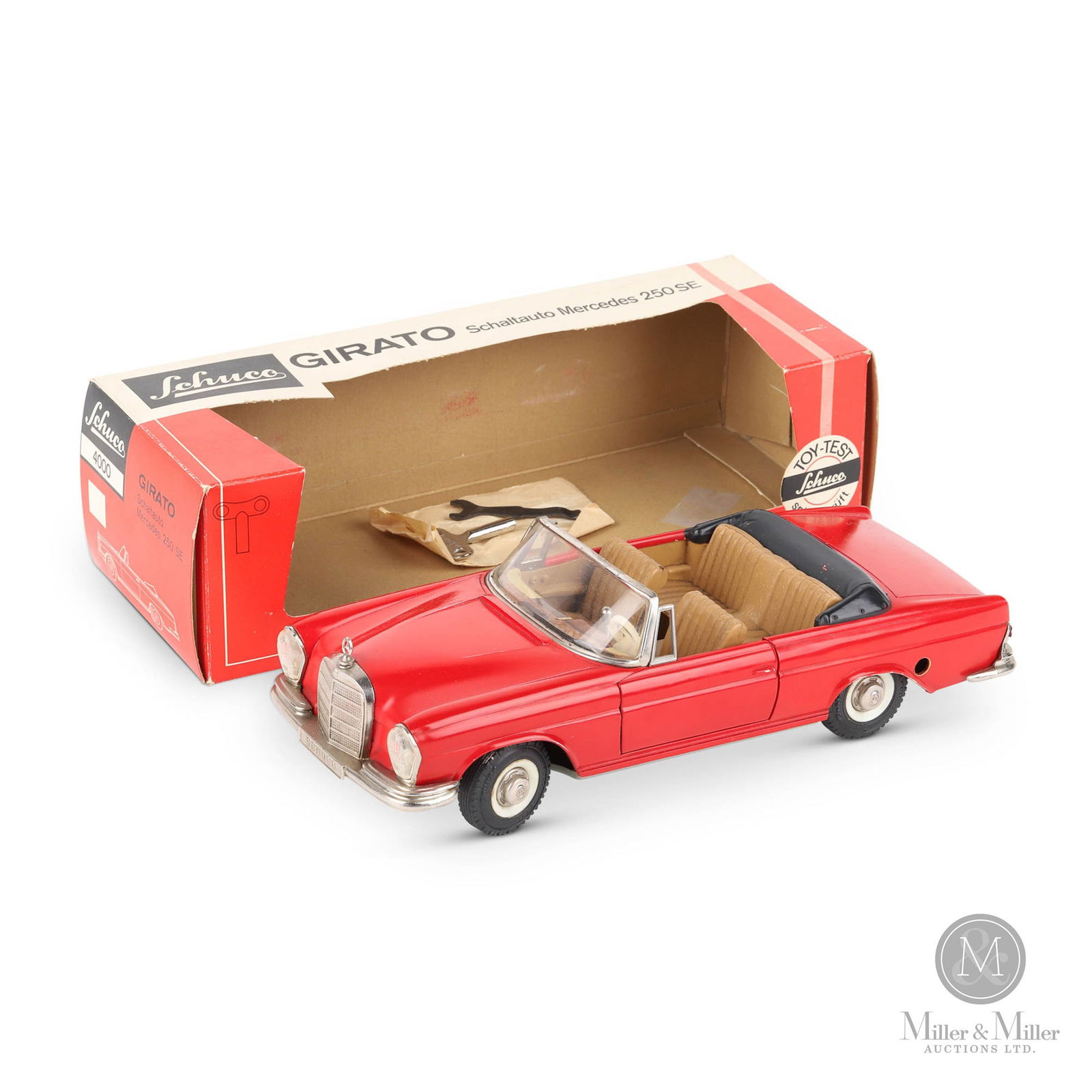 Schuco 4000 Girato Mercedes 250 SE Convertible: West German. 1960s. Tin, plastic. Marked on box, tires, bumpers, and underside. 2.75" x 9.25" x 3.75". The Howie Meyer Legacy Collection.