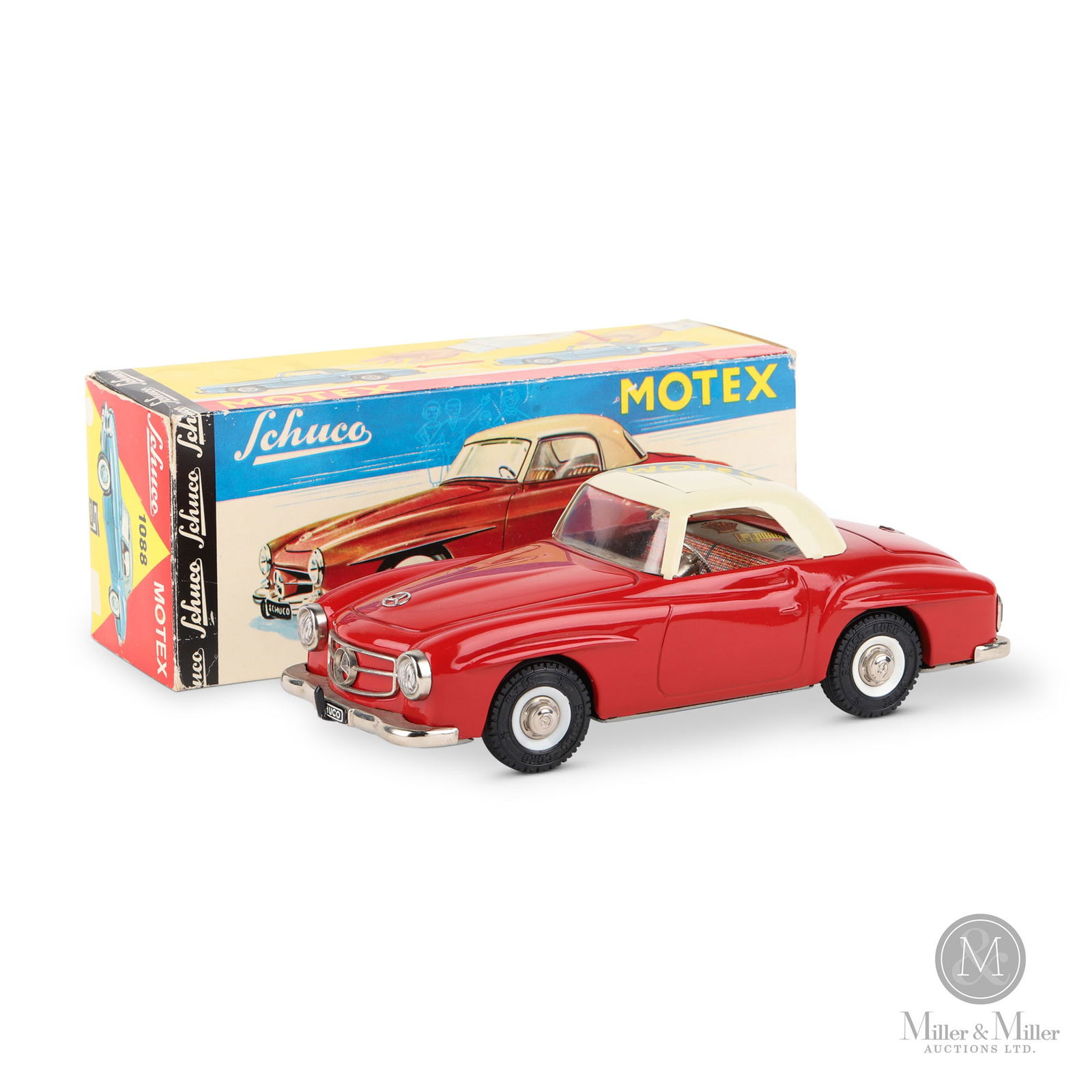 Schuco Motex 1088 Friction Mercedes 190SL: West German. 1960s. Lithographed tin, plastic. Marked on box, tires, bumpers, and underside of car. Car: 2.5" x 9" x 3.5". Box: 3" x 9" x 3.5". The Howie Meyer Legacy Collection.