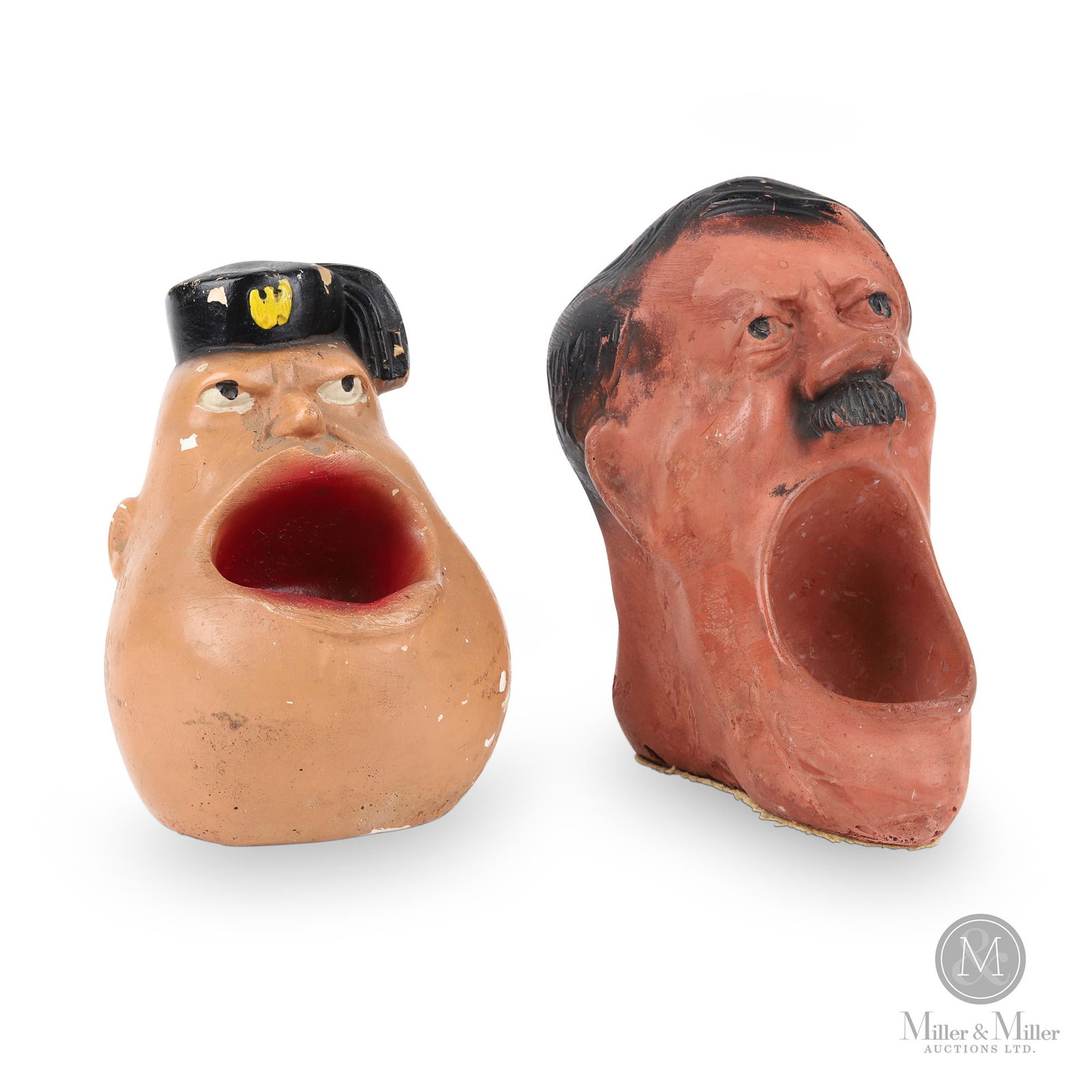 WWII Hitler & Mussolini Anti-Axis Ashtrays: American. Circa 1942. Chalkware. Novelty items depicting Hitler and Mussolini. Both figures marked on the rear lower neck area. Hitler: 6" x 5" x 3". Mussolini: 4.5" x 4" x 4". The Howie Meyer Legacy 