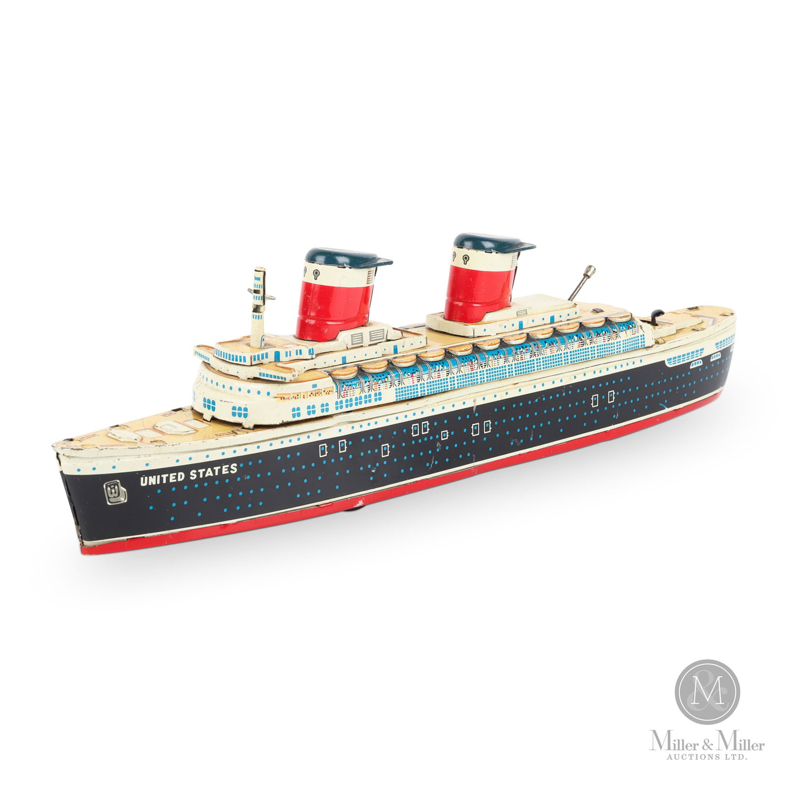 Marx Linemar "United States" Cruise Liner: Japanese. 1950s. Lithographed tin. Linemar is the trade name Marx used for its toys that were manufactured in Japan (to keep costs down) and then sold in the US and other countries. Marked, "Line Mar 