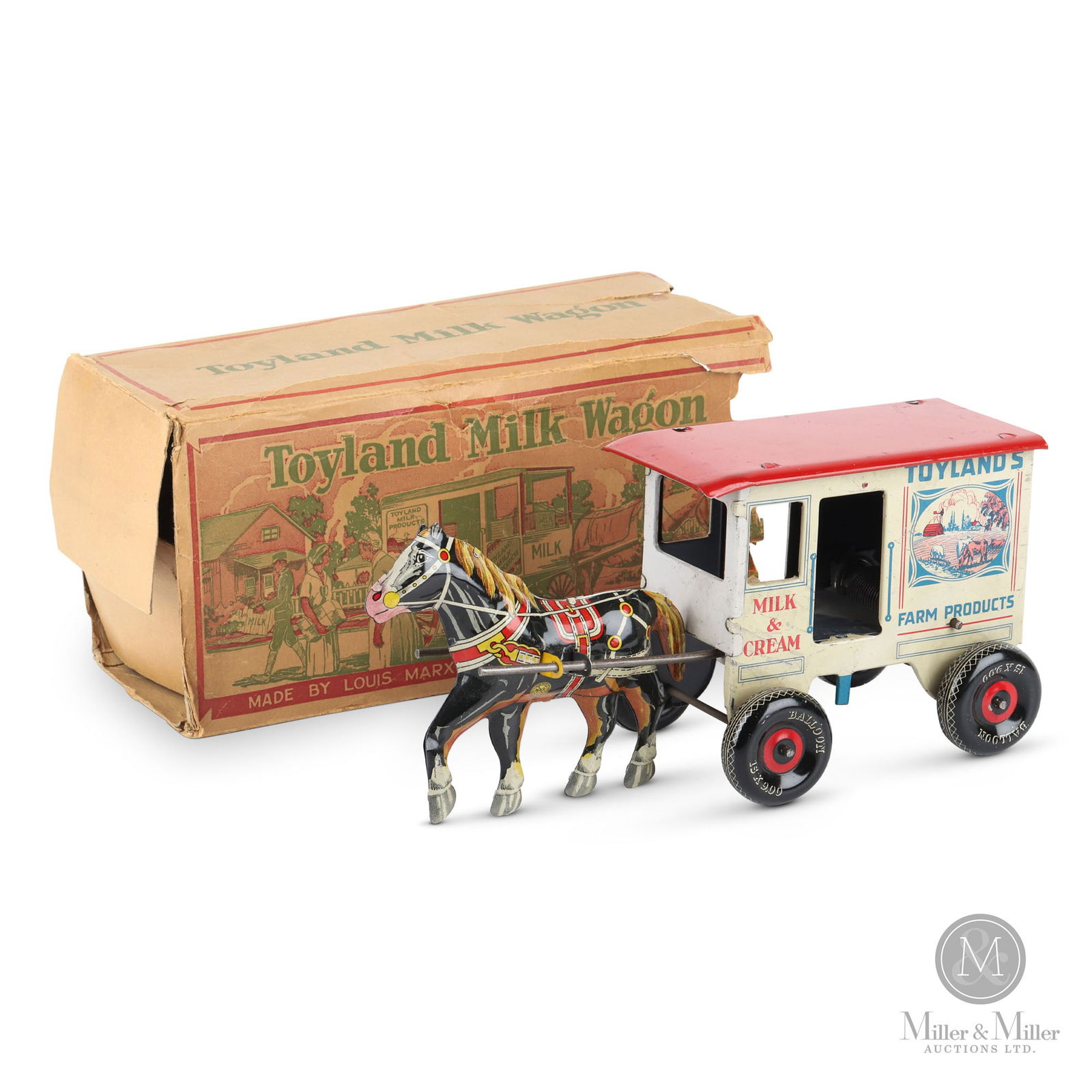 Marx Toyland Milk Wagon: American. 1930s. Lithographed tin. Marked, "Marx" on box, rear of cart, and underside of horse. 2.75" x 10" x 4.5". Box 4" x 10.5" x 4.75".