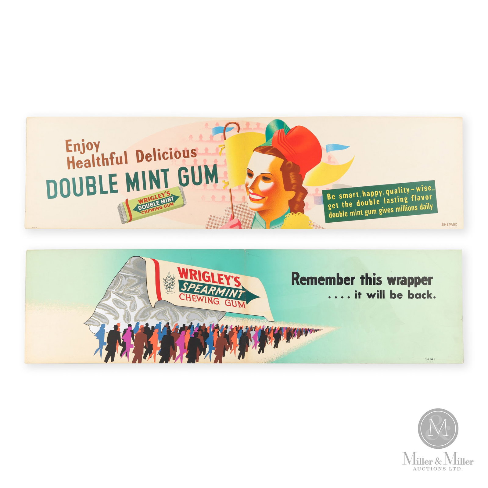 Wrigley's Spearmint & Double Mint Gum Trolley Signs: American. 1940s. Single-sided cardboard (SSC-. Double-wide trolley signs. Marked, "Shepard C 45-2, 523-A Lithographed in U.S.A". Both are 11" x 42".