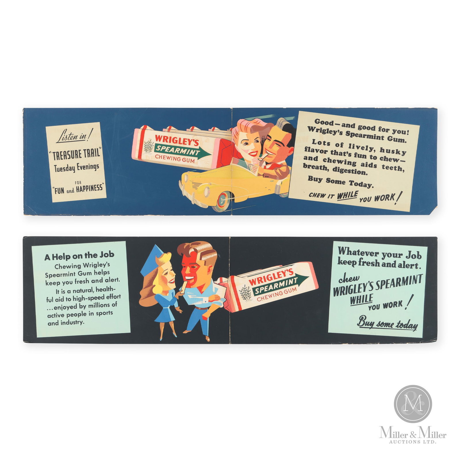 Wrigley's Spearmint Gum Trolley Signs: American. 1940s. Single-sided cardboard (SSC). Double-wide trolley signs. Unmarked. Both are 11" x 42".