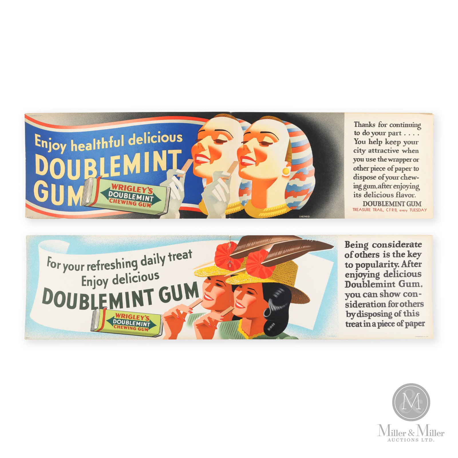 Wrigley's Doublemint Trolley Signs: American. 1940s. Single-sided cardboard (SSC). Double-wide trolley signs. Marked, "Shepard Lithographed in U.S.A. 635-A, 658-A". Both are 11" x 42".