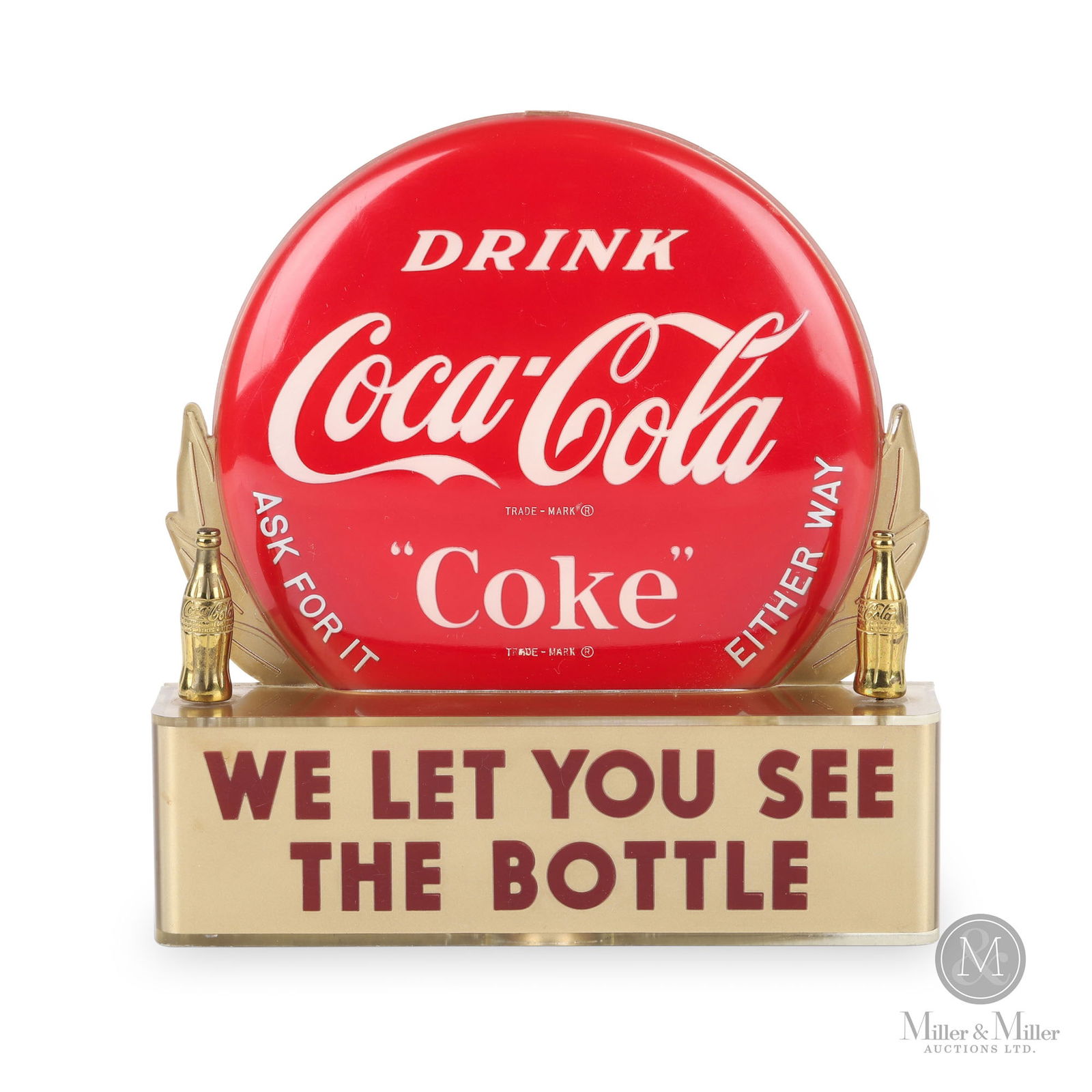 Coca-Cola "We Let You See The Bottle" Bottle Topper: American. 1950s. Plastic. 7.5" x 7" x 1.5.".