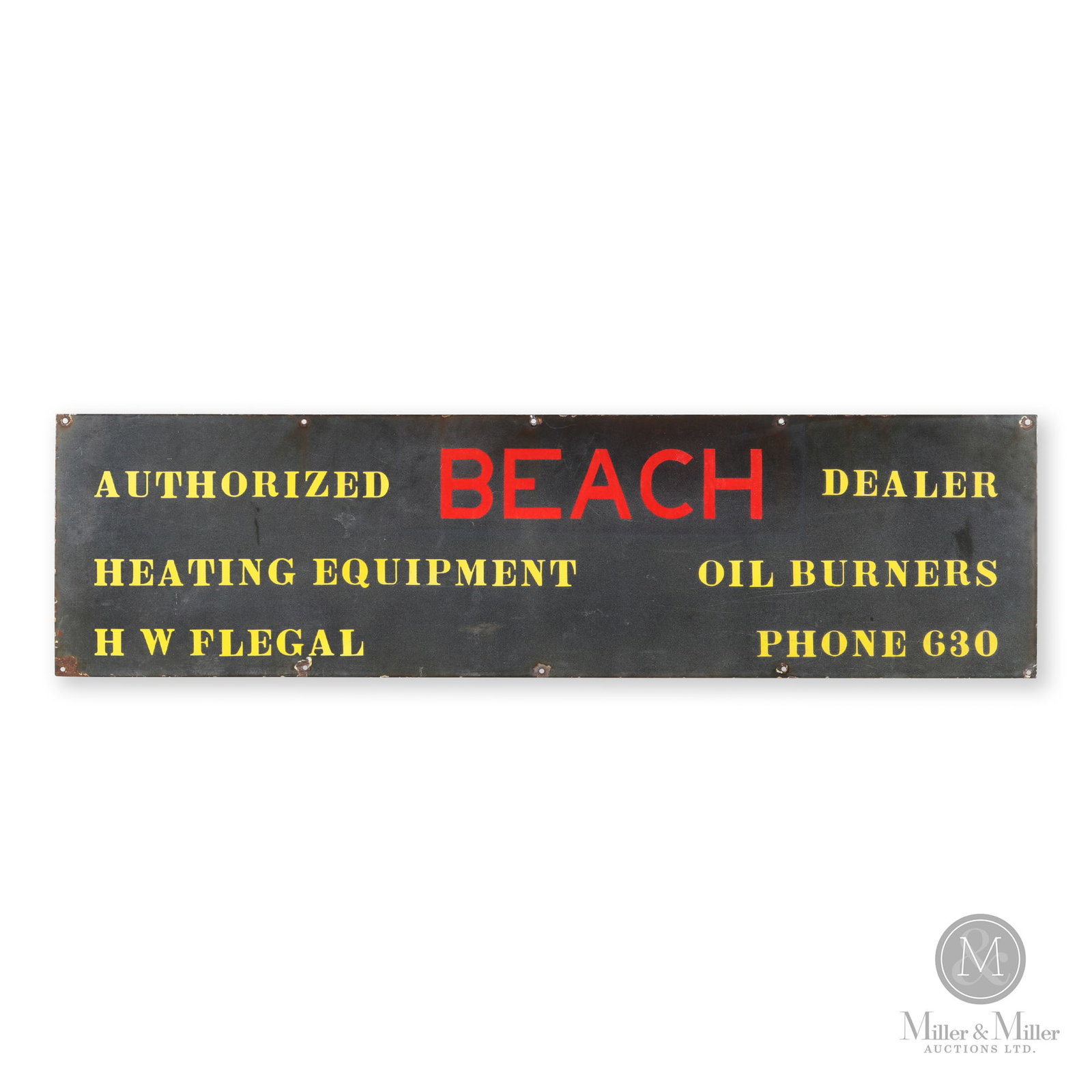 H.W. Flegal Beach Dealer Sign: Canadian. 1940s. Single-sided porcelain (SSP). 56" x 15".